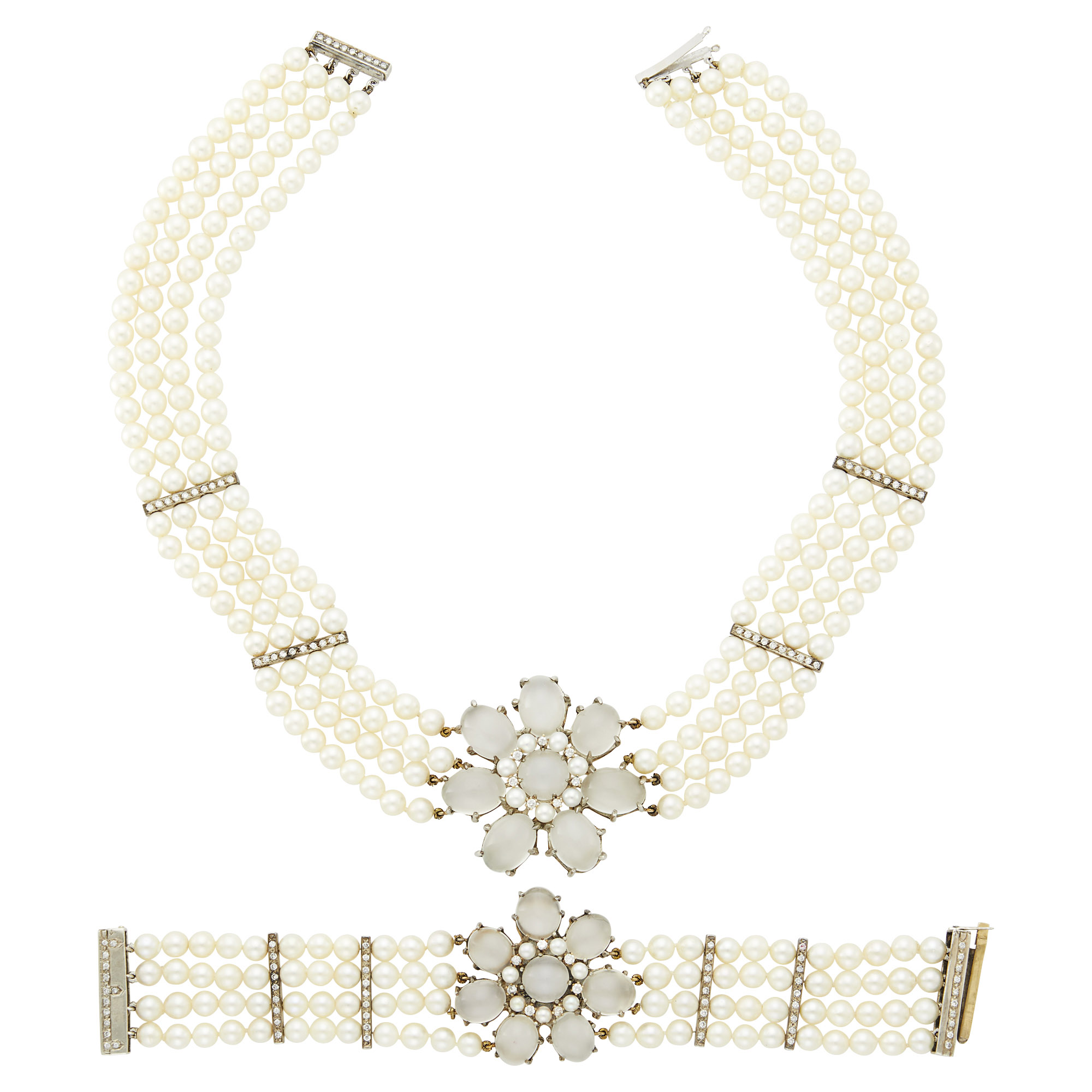 Lot image - Four Strand Silver, Gold, Moonstone, Diamond and Cultured Pearl Necklace and Bracelet