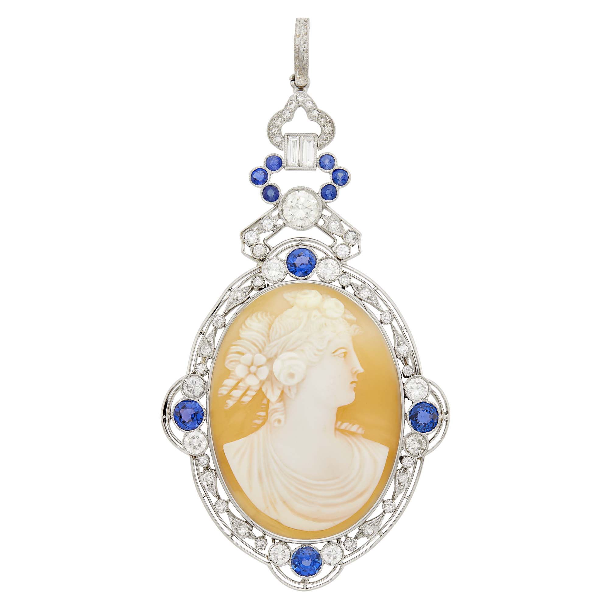 Lot image - Platinum, Shell Cameo, Sapphire and Diamond Pendant