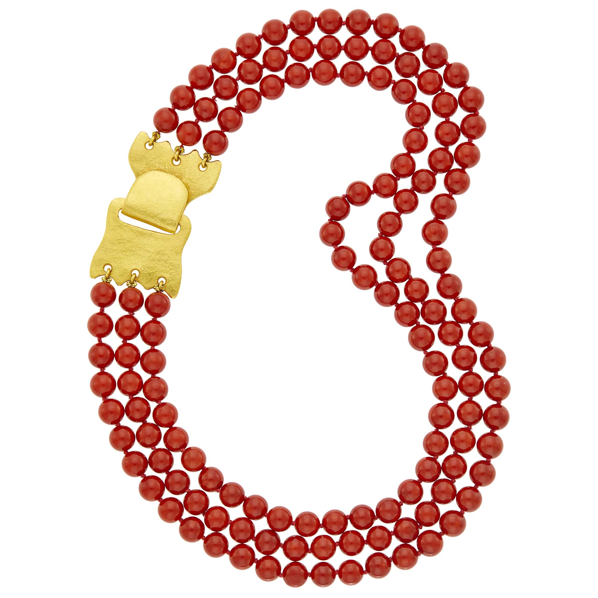 Lot image - Linda Lee Johnson Triple Strand Dyed Coral Bead Necklace with High Karat Gold Clasp