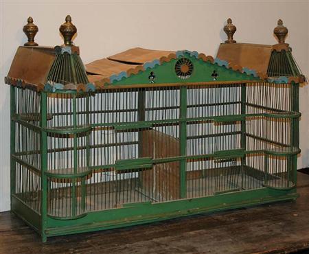 Lot image - Green Painted Metal and Wood Bird Cage