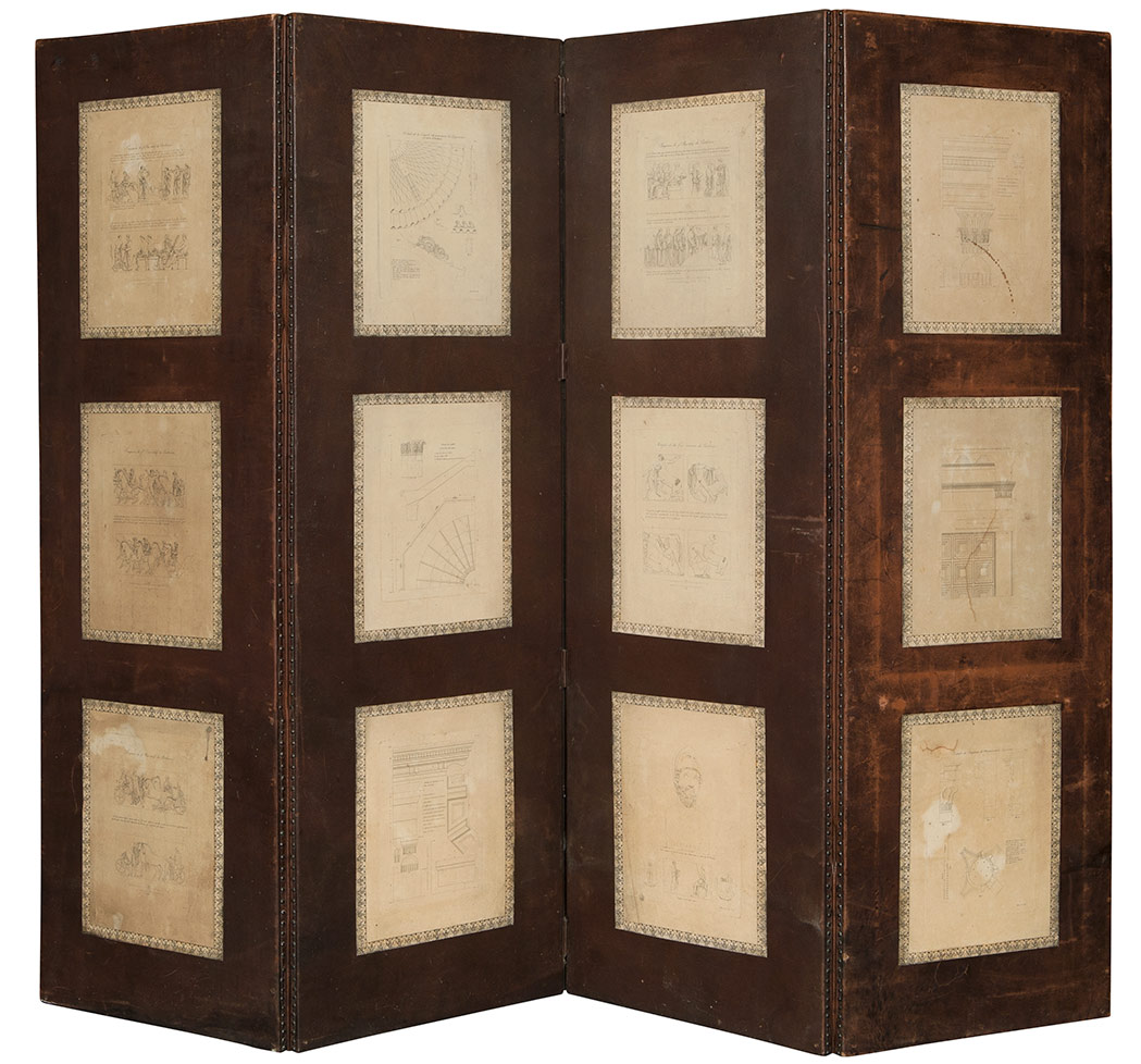 Lot image - Continental Leather Lined and Print Mounted Four-Panel Screen