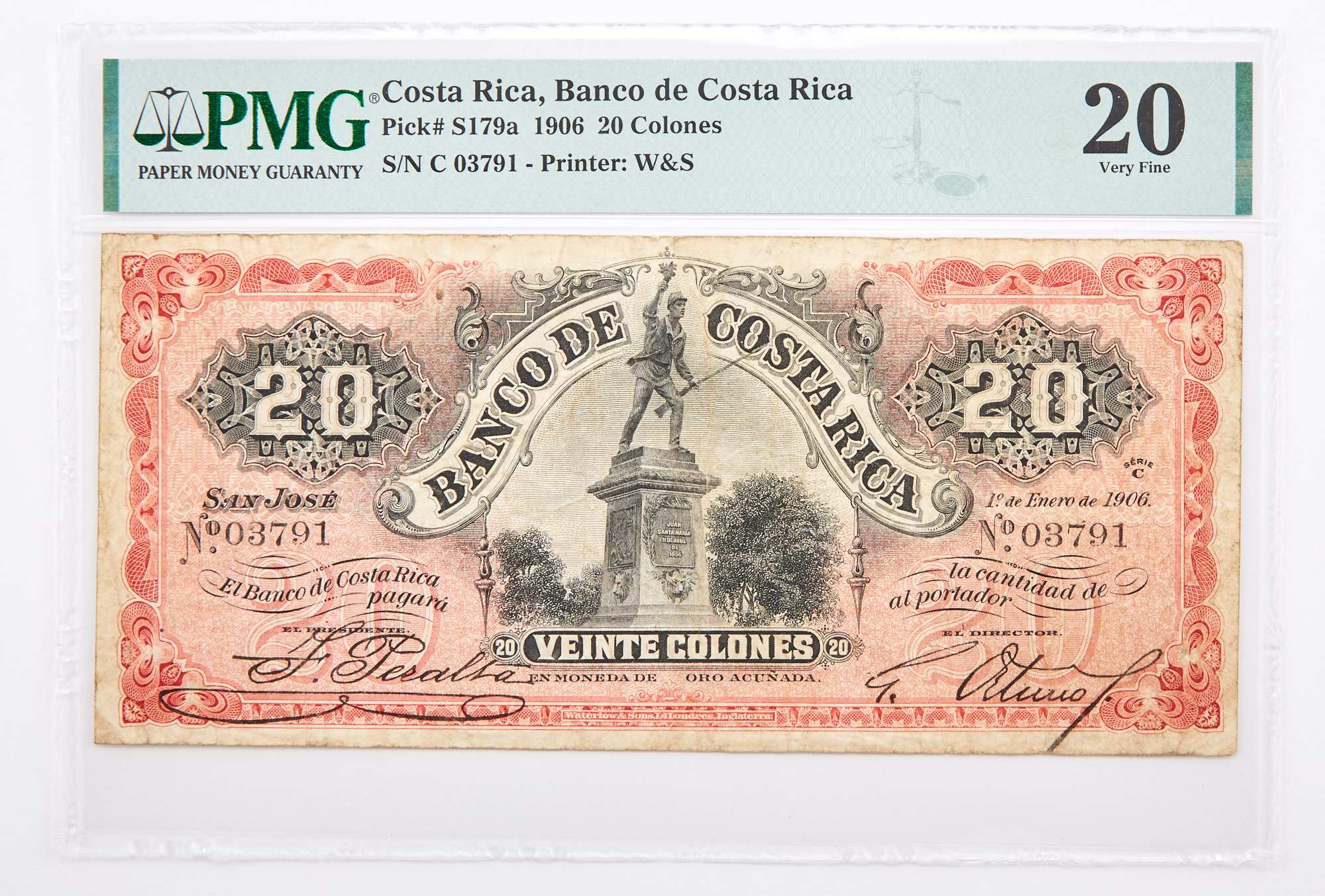 Lot image - Costa Rica, Banco de Costa Rica 1906 Veinte Colones Pick# S179a PMG 20