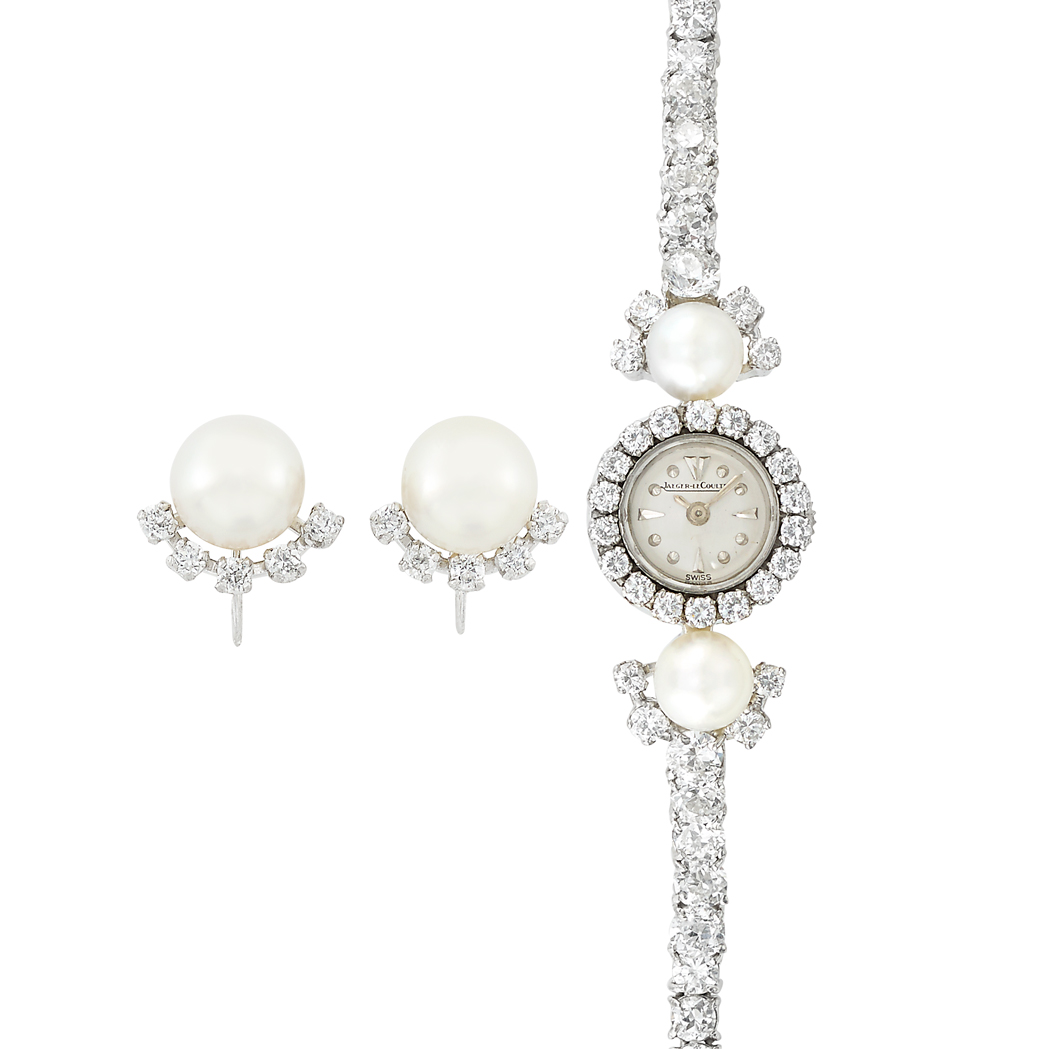 Lot image - Platinum, White Gold, Diamond and Cultured Pearl Wristwatch, Jaeger LeCoultre, and Pair of Earclips