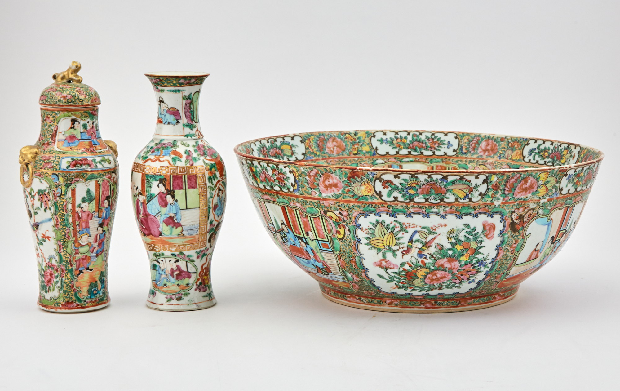 Lot image - Three Chinese Rose Medallion Porcelain Table Articles