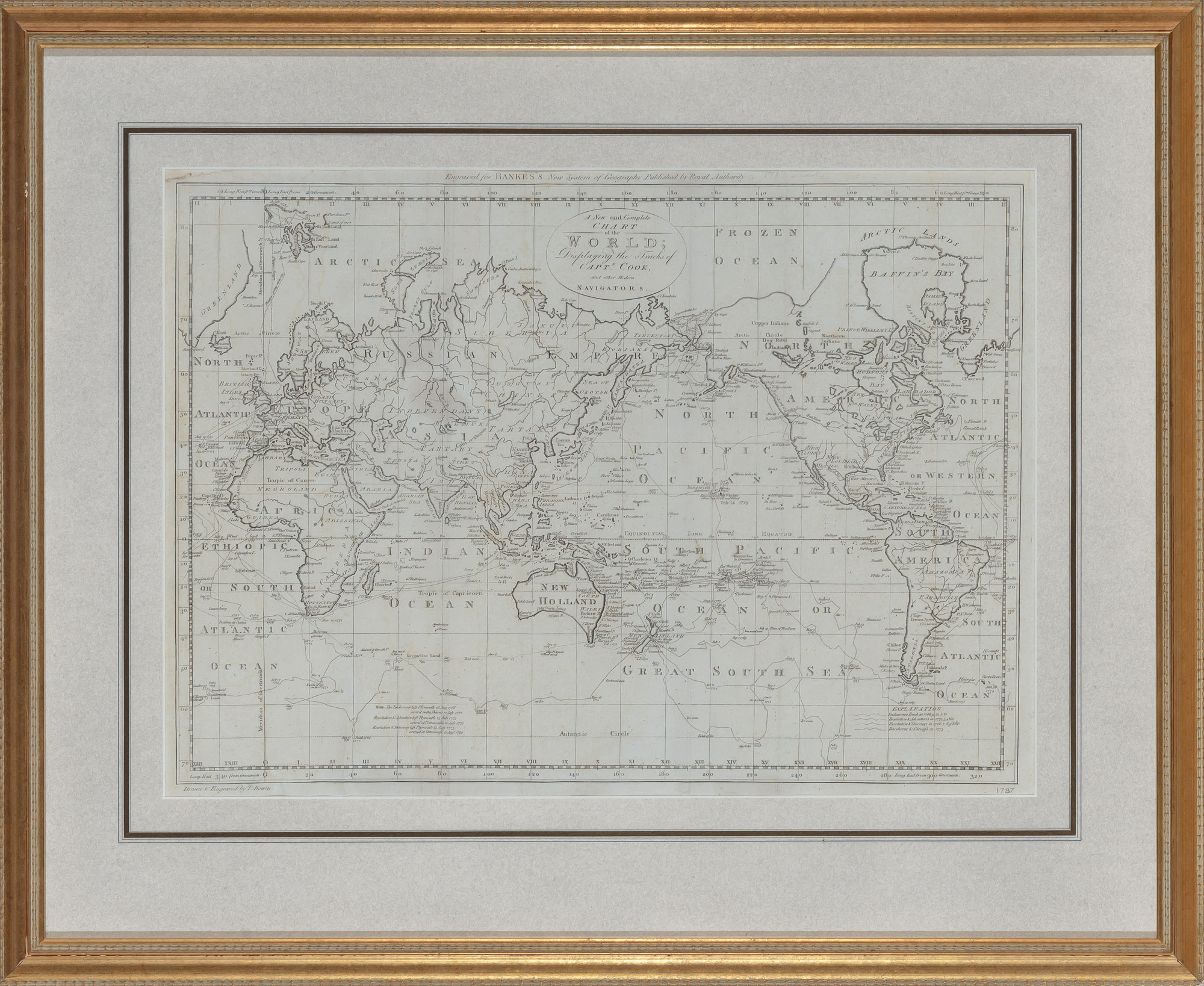 Lot image - [MAPS- WORLD]  BOWEN, THOMAS. A New and Complete Chart of the World; Displaying the Tracks of Captain Cook, and other modern Navigators.