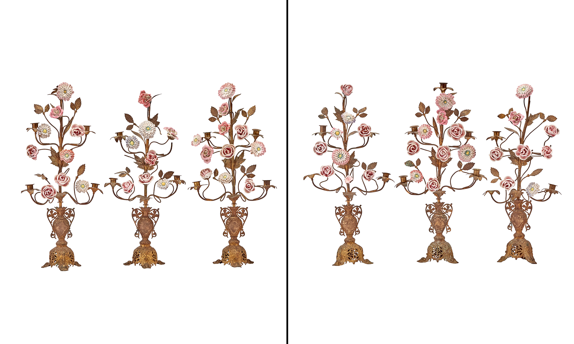 Lot image - Set of Six Gilt-Brass and Porcelain Five-Light Candelabra