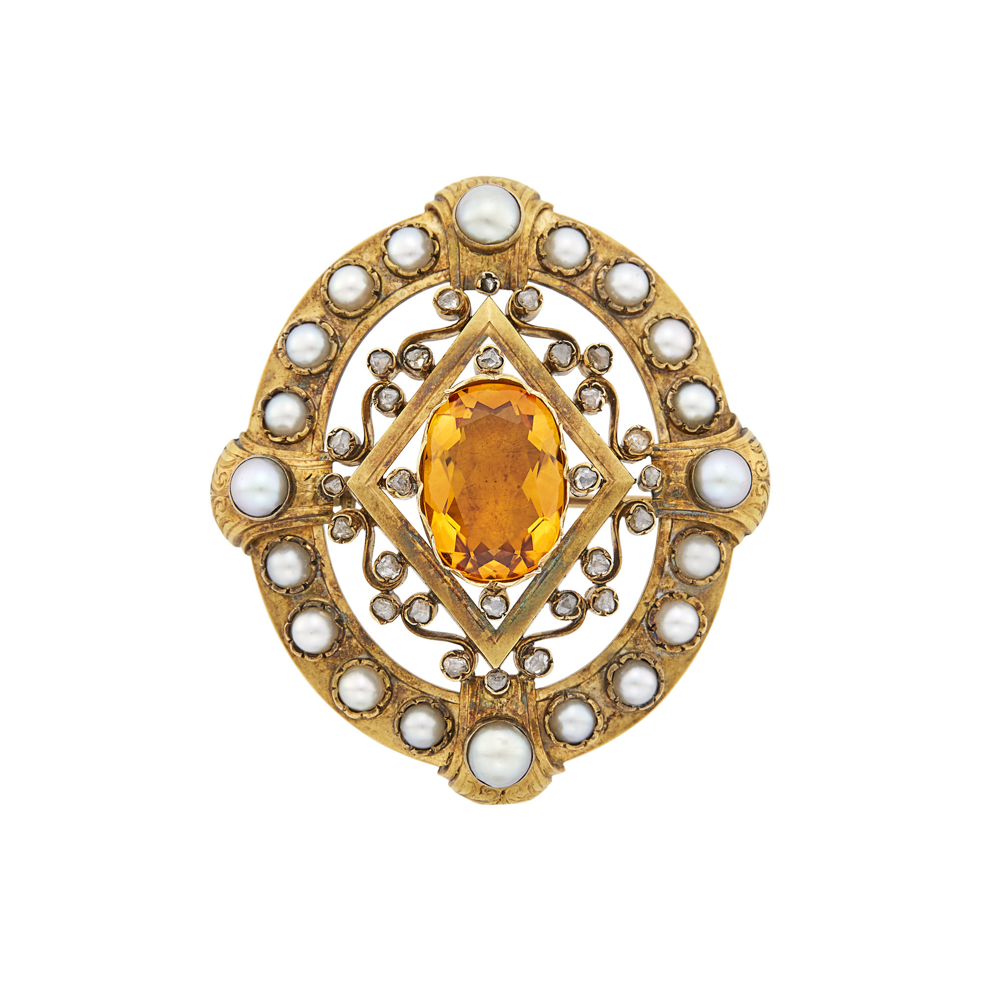 Lot image - Antique Gold, Citrine, Diamond and Gray Pearl Brooch