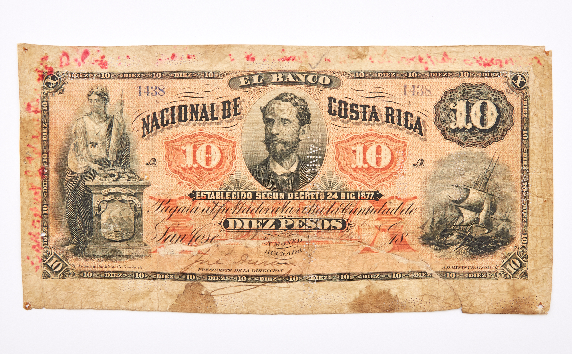 Lot image - Costa Rica, Banco Nacional de Costa Rica 1878 Diez Pesos Cancelled Note Pick# S214