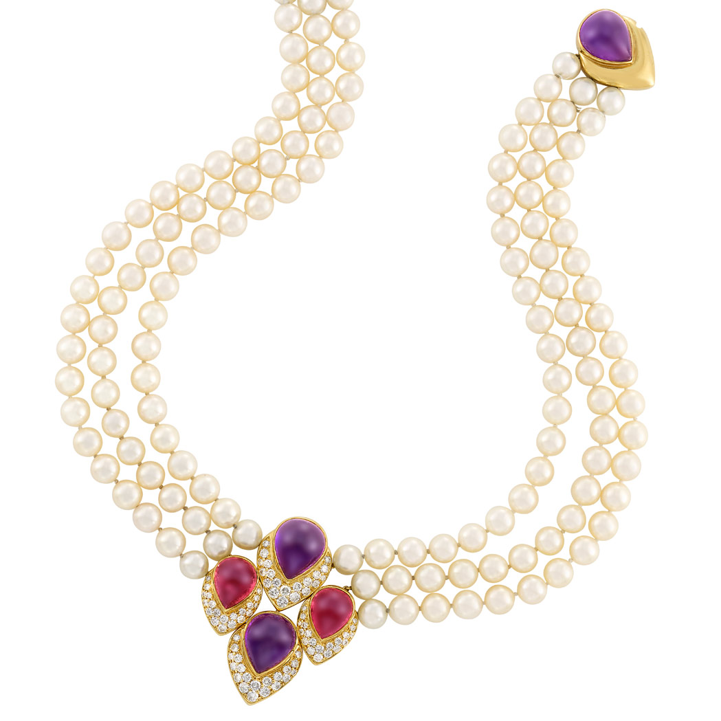 Lot image - Triple Strand Cultured Pearl, Gold, Diamond, Amethyst and Pink Tourmaline Necklace