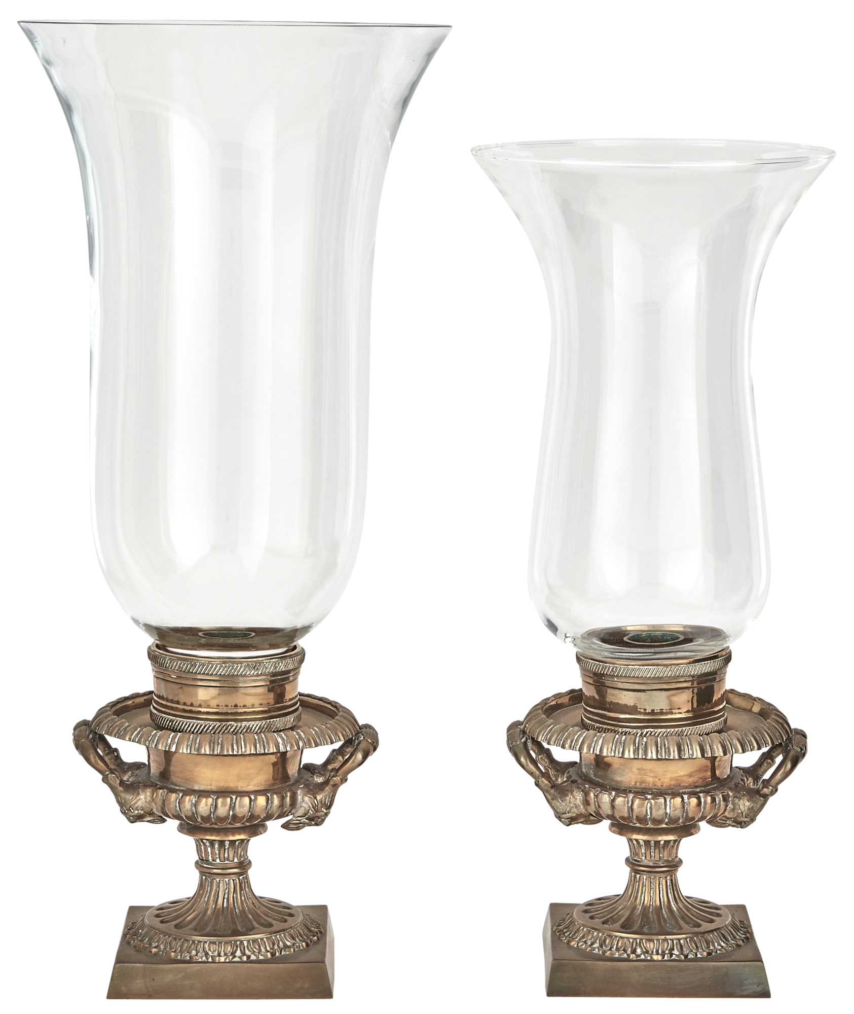 Lot image - Assembled Pair of Bronze and Glass Hurricane Lamps   D>  Each urn base with mask handles. Height of larger 17 1/4 inches (43.8 cm).