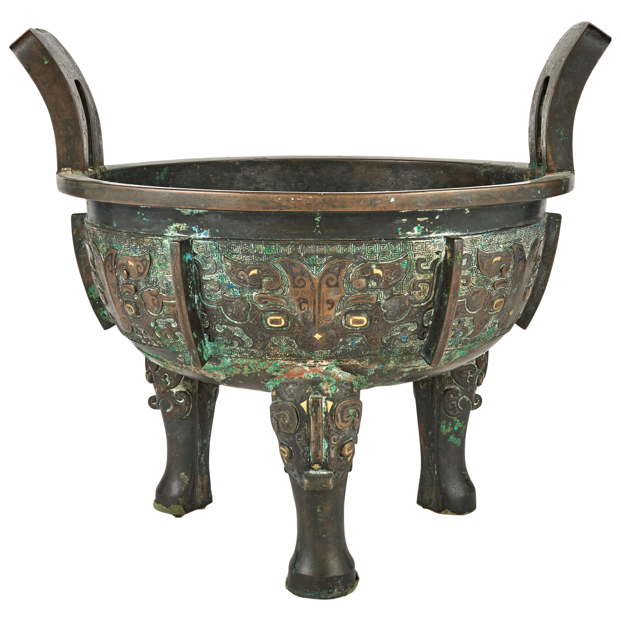 Lot image - A Large Chinese Silver and Gold-Inlaid Bronze Ding Vessel