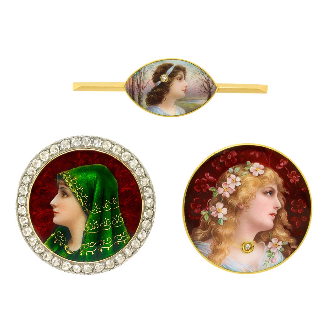 Lot image - Three Antique Gold, Platinum, Diamond and Enamel Portrait Brooches, Plojoux