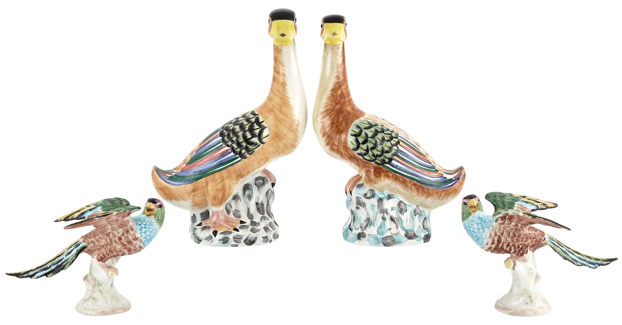 Lot image - Pair of Mottahedeh Polychrome Pottery Ducks and a Pair of Mottahedeh Polychrome Pottery Parrots