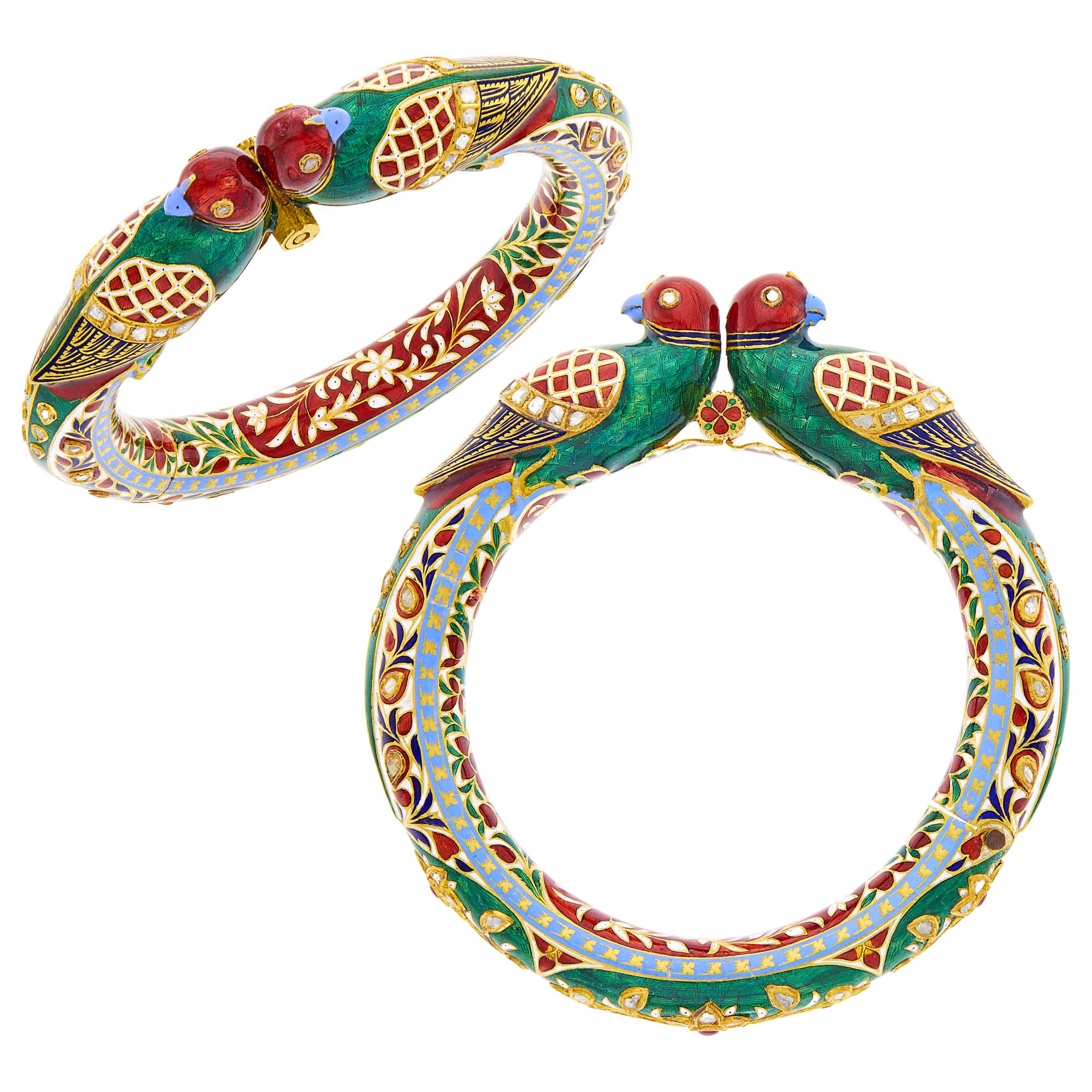 Lot image - Pair of Indian Gold, Jaipur Enamel, Foil-Backed Diamond and Cabochon Ruby Bird Bangle Bracelets
