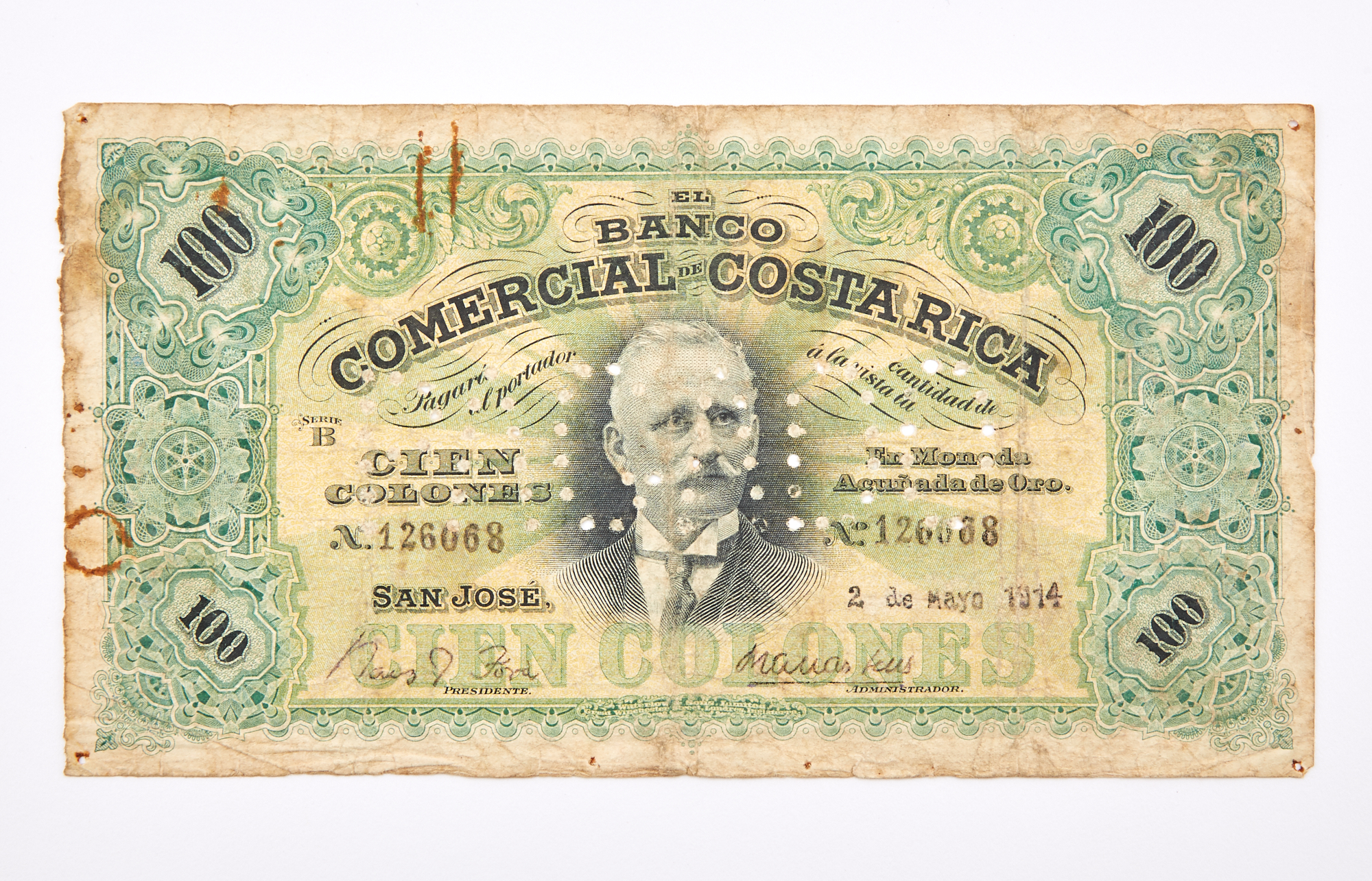 Lot image - Costa Rica, Banco Commercial de Costa Rica 1914 Cien Colones Cancelled Note Pick# S145