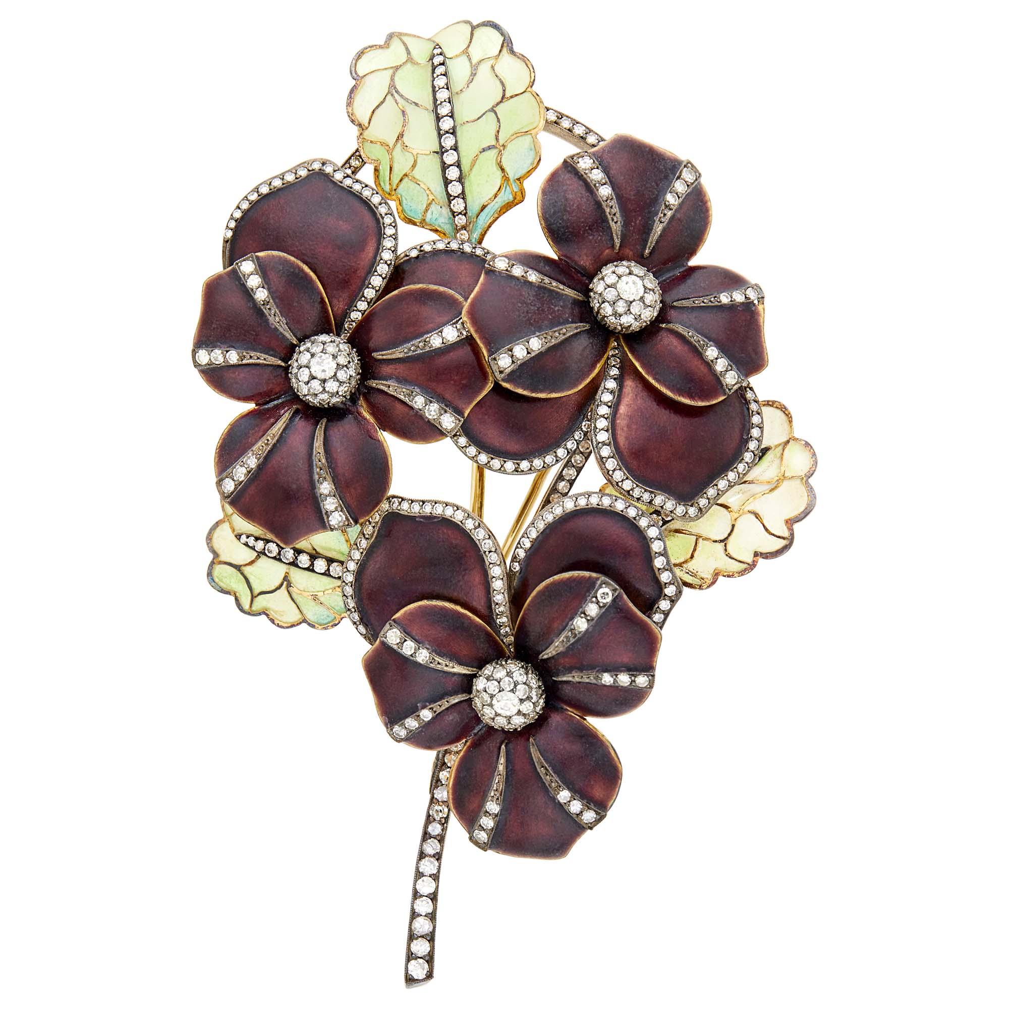 Lot image - Gold and Blackened Gold, Enamel and Diamond En Tremblant Floral Clip-Brooch
