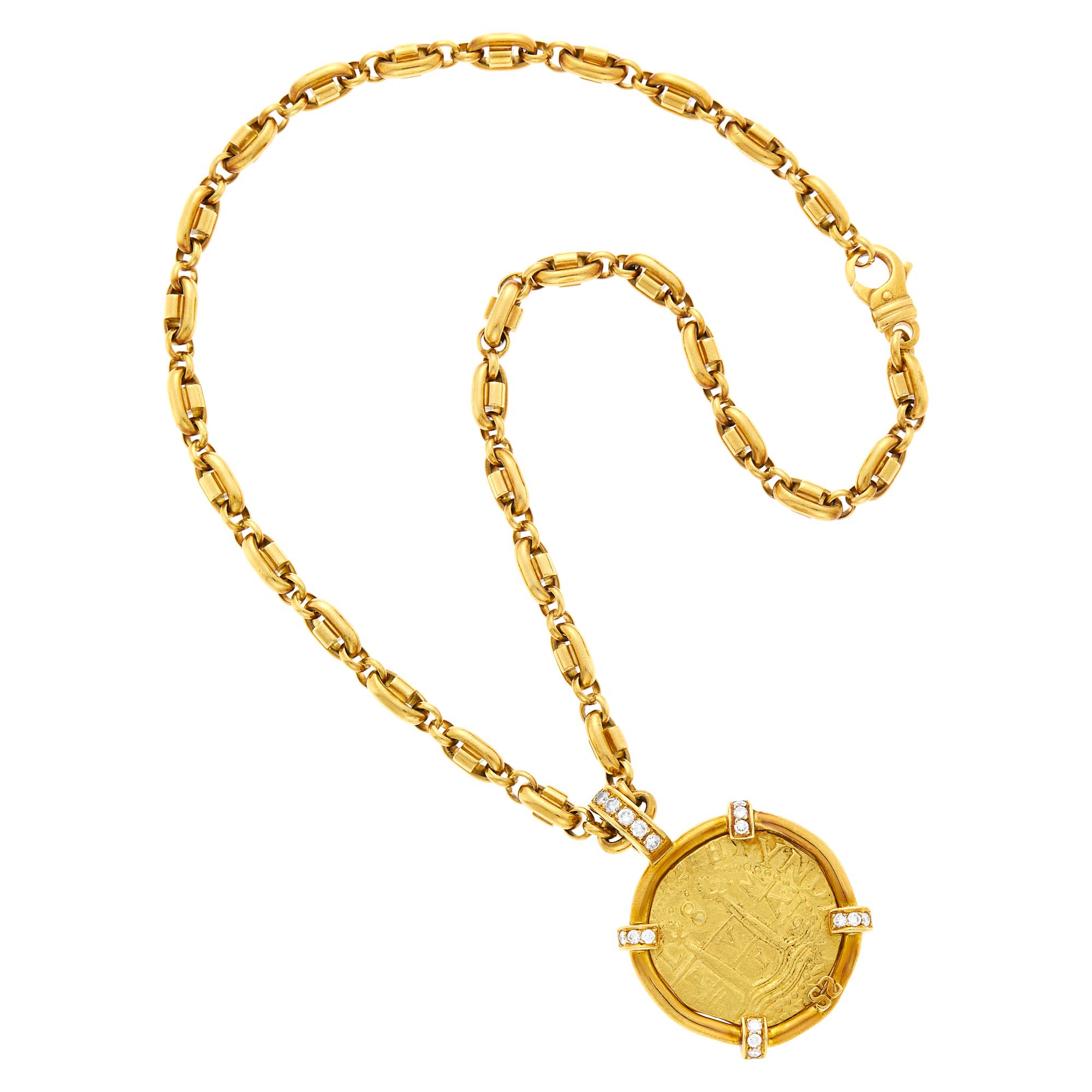 Lot image - Gold Medallion and Diamond Pendant with Chain Necklace