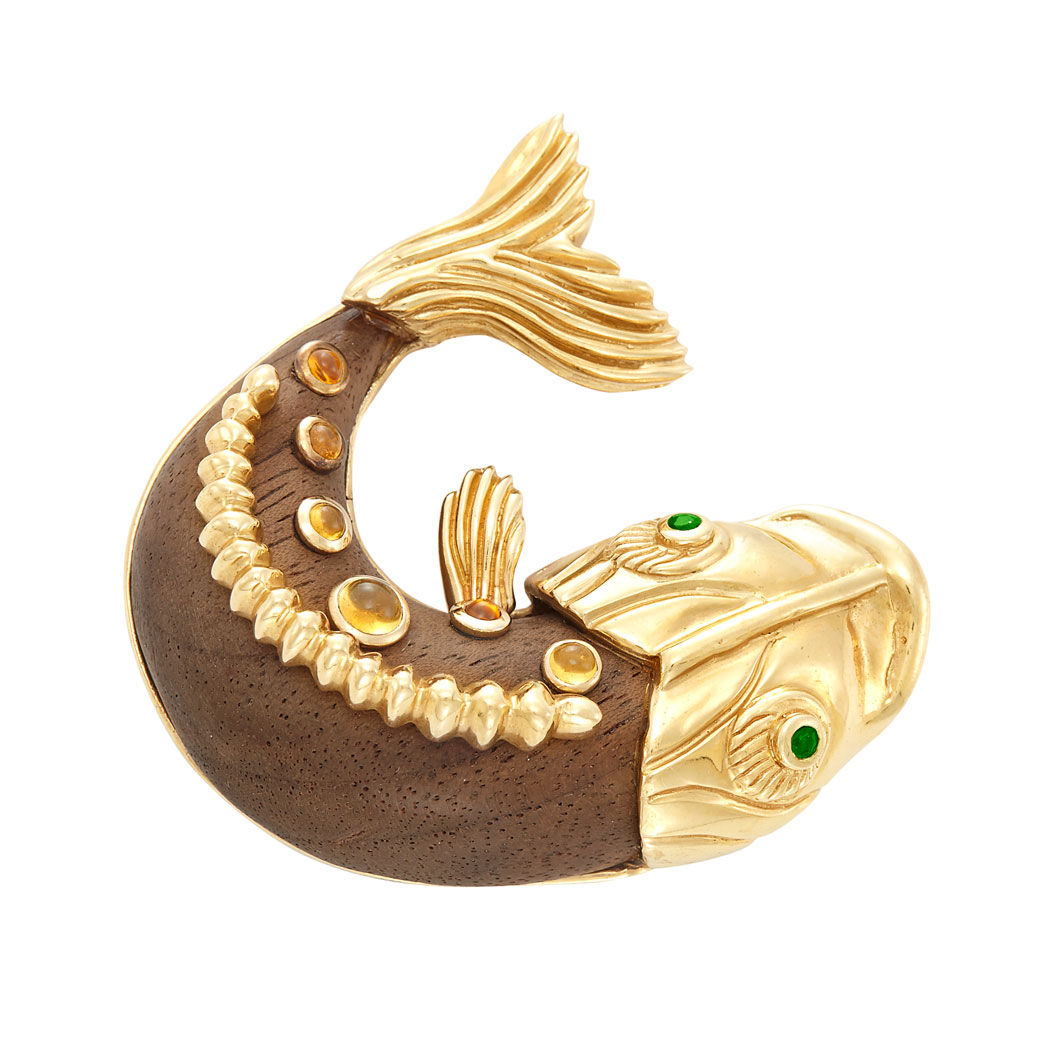 Lot image - Gold, Wood and Citrine Fish Brooch