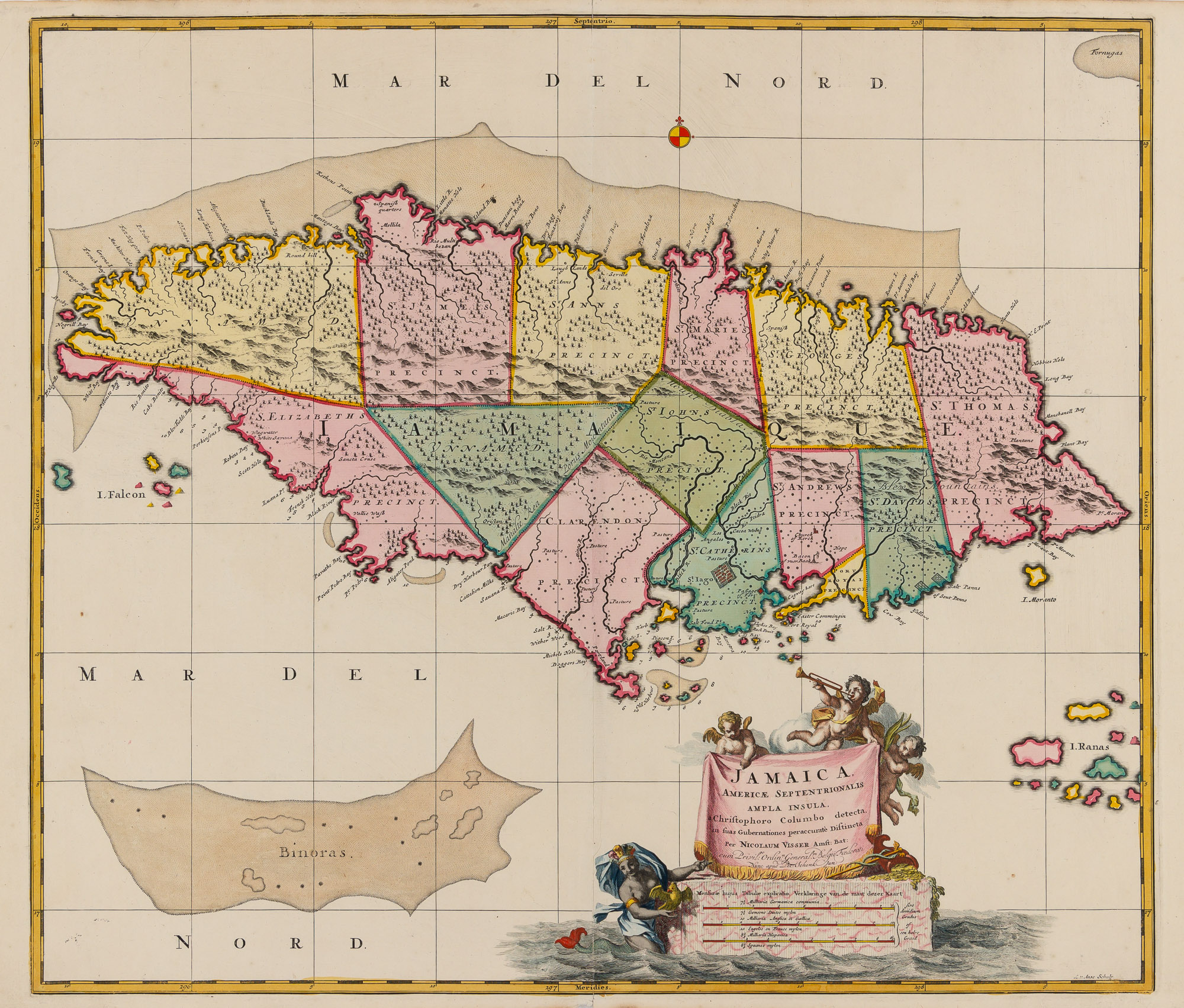 Lot image - [MAP-JAMAICA]  SCHENK, PET[ER] JR. AND VISS[CH]ER, NICOLA[ES II]. Jamaica, Americae Septentrionalis Ampla Insula, a Christophoro Columbo Detecta, in suas Gubernationes Peraccurate Distincta.