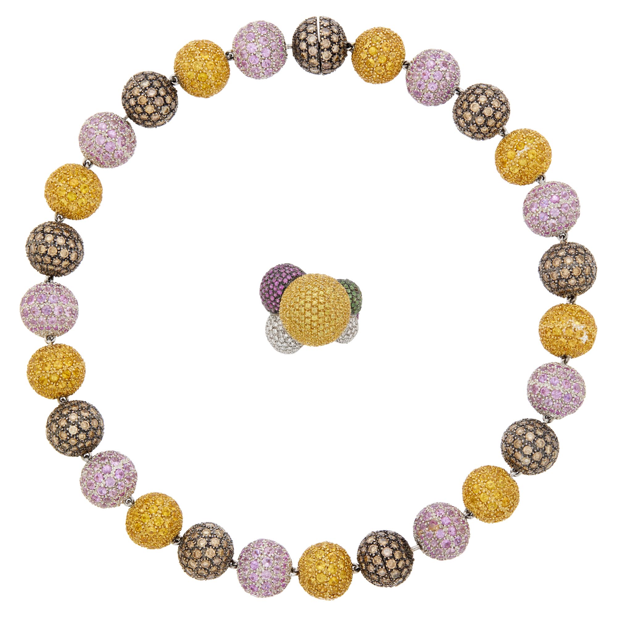 Lot image - White and Blackened Gold, Brown Diamond and Multicolored Sapphire Bead Necklace and Gem-Set and Diamond Dome Ring