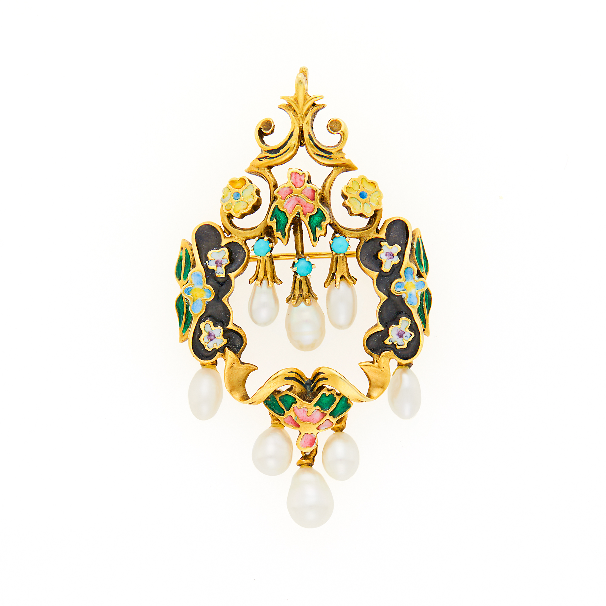 Lot image - Gold, Enamel, Freshwater Pearl and Turquoise Pendant-Brooch