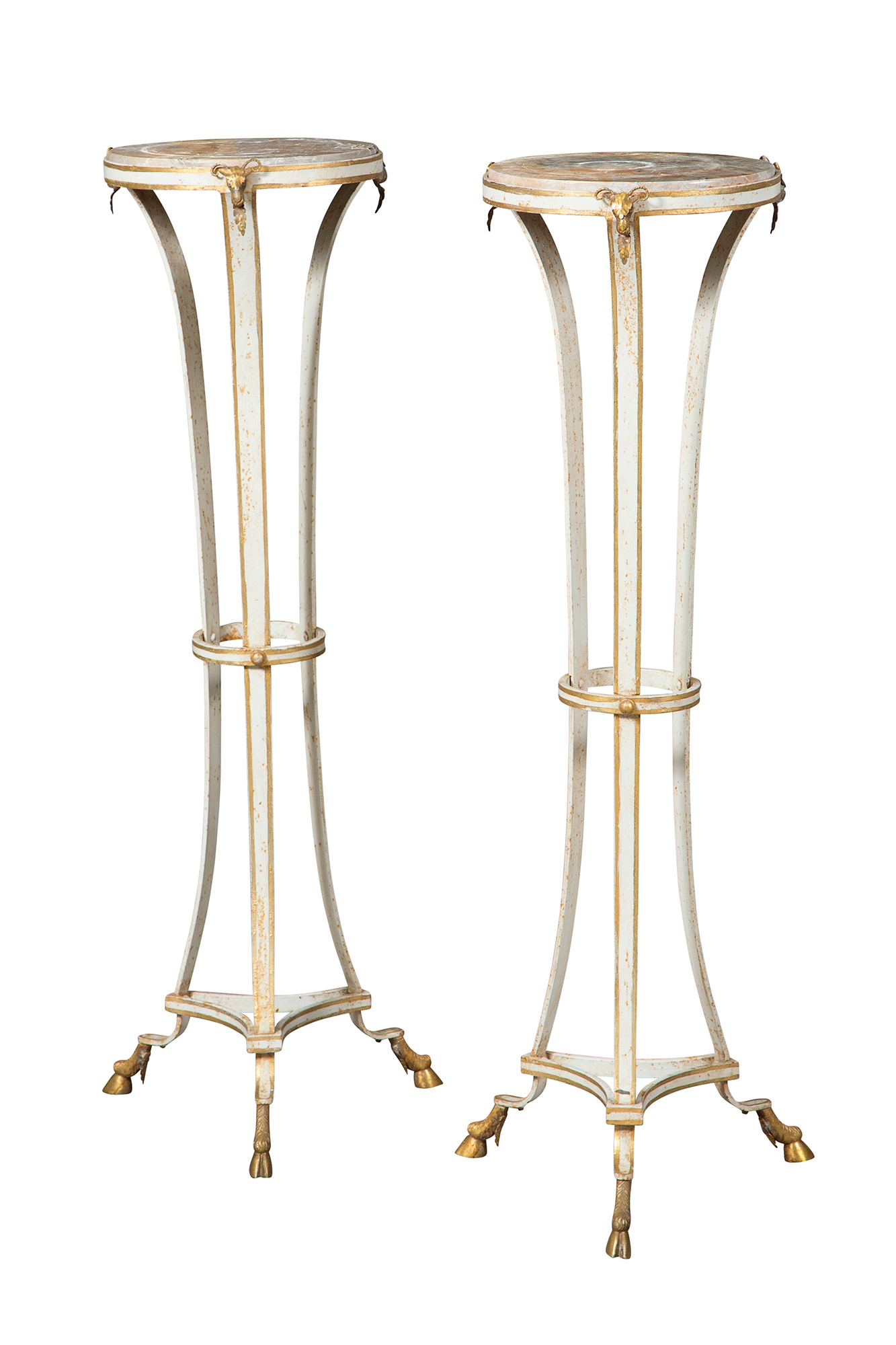 Lot image - Pair of Neoclassical Style Painted and Parcel-Gilt Cast-Iron and Tole Torchères