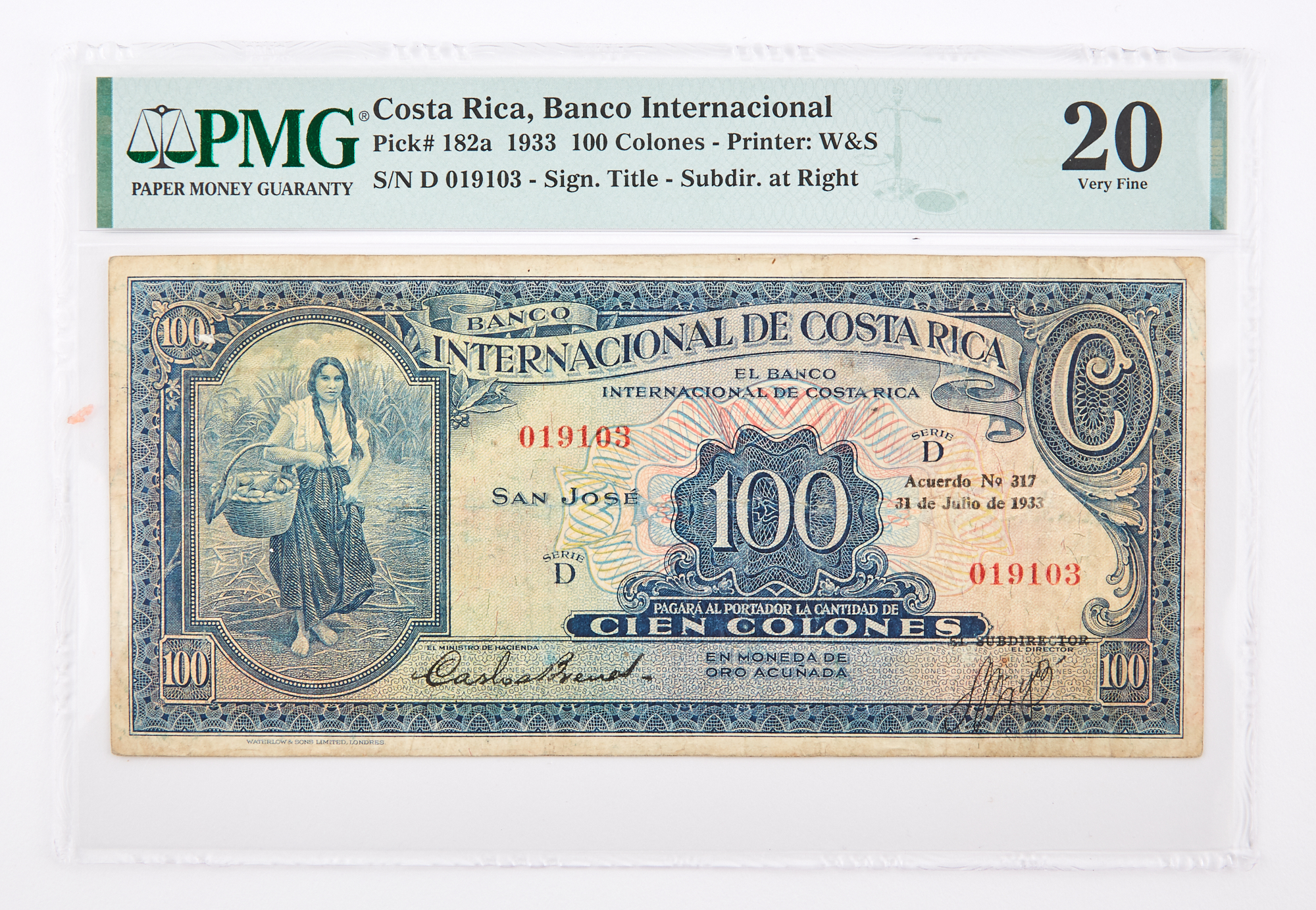 Lot image - Costa Rica, Banco Internacional Series D 1933 Cien Colones P# 182a PMG VF 20