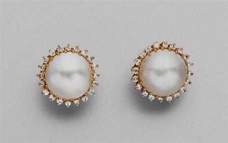 Lot image - Pair of Mabe Pearl and Diamond Earrings