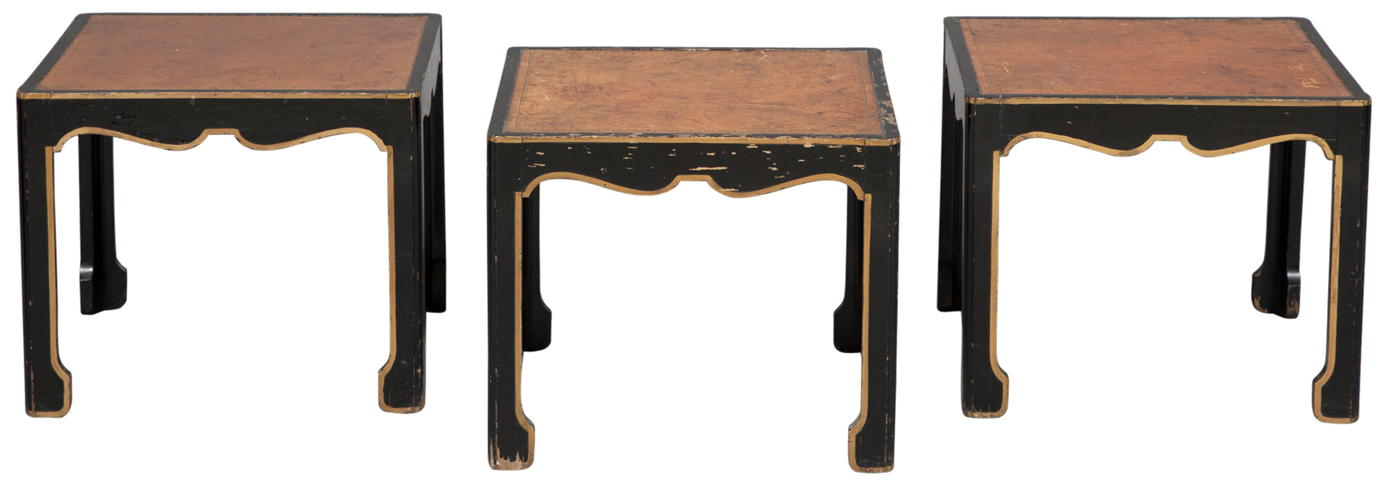 Lot image - Set of Three Asian Style Black and Gilt-Painted Faux-Leather Inset Side Tables