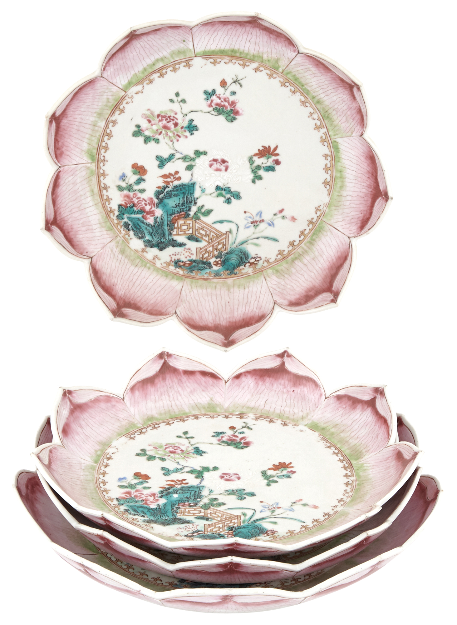 Lot image - Set of Three Chinese Export Porcelain Lotus Shaped Plates