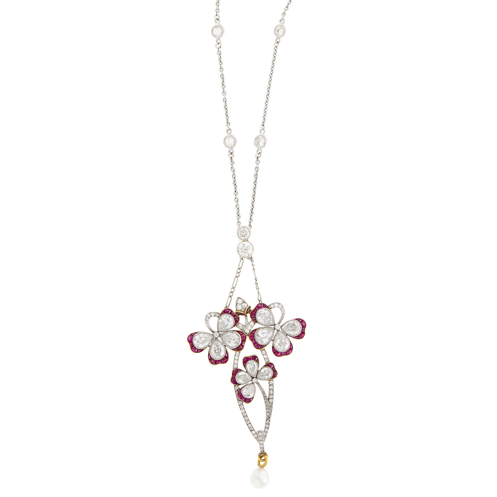 Lot image - Belle Epoque Platinum, Gold, Diamond, Ruby, and Pearl Pendant, France, with Platinum and Diamond Chain