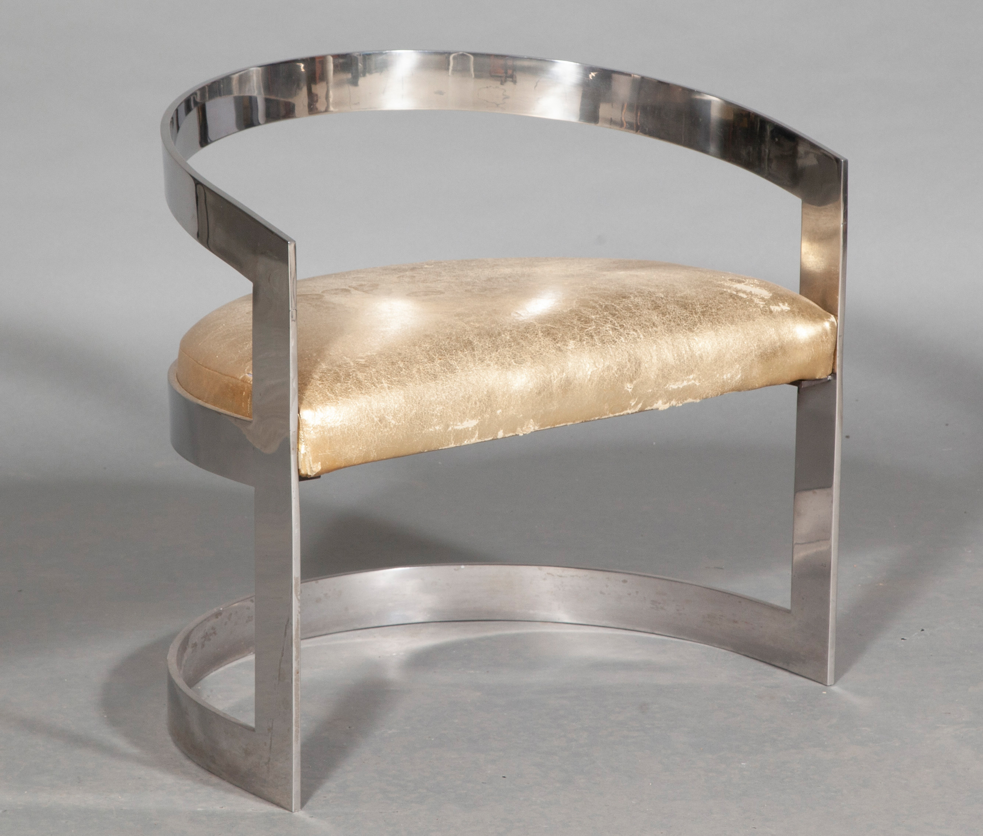 Lot image - Karl Springer Style Low Polished Stainless Steel and Upholstered Demilune Vanity Chair