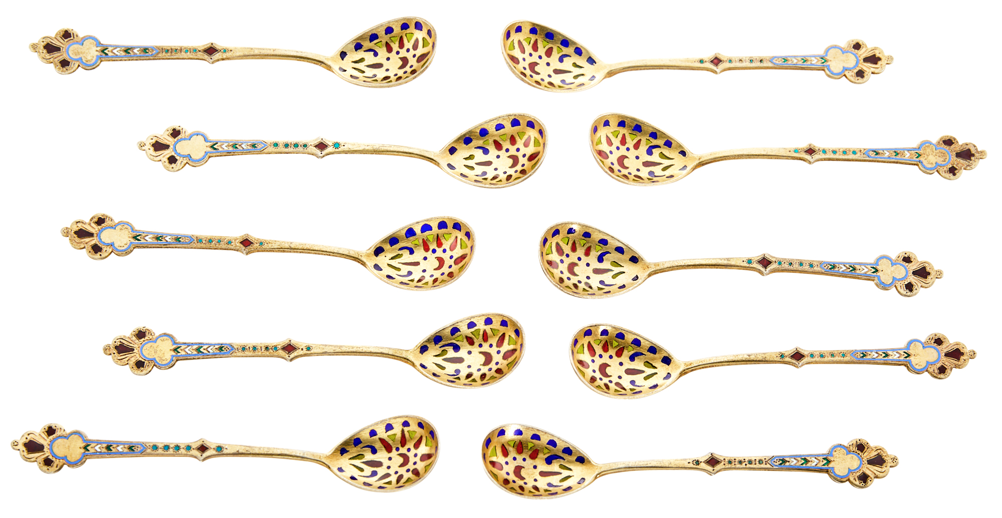 Lot image - Set of Ten Russian Silver-Gilt and Plique-à-Jour and Champlevé Enamel Spoons