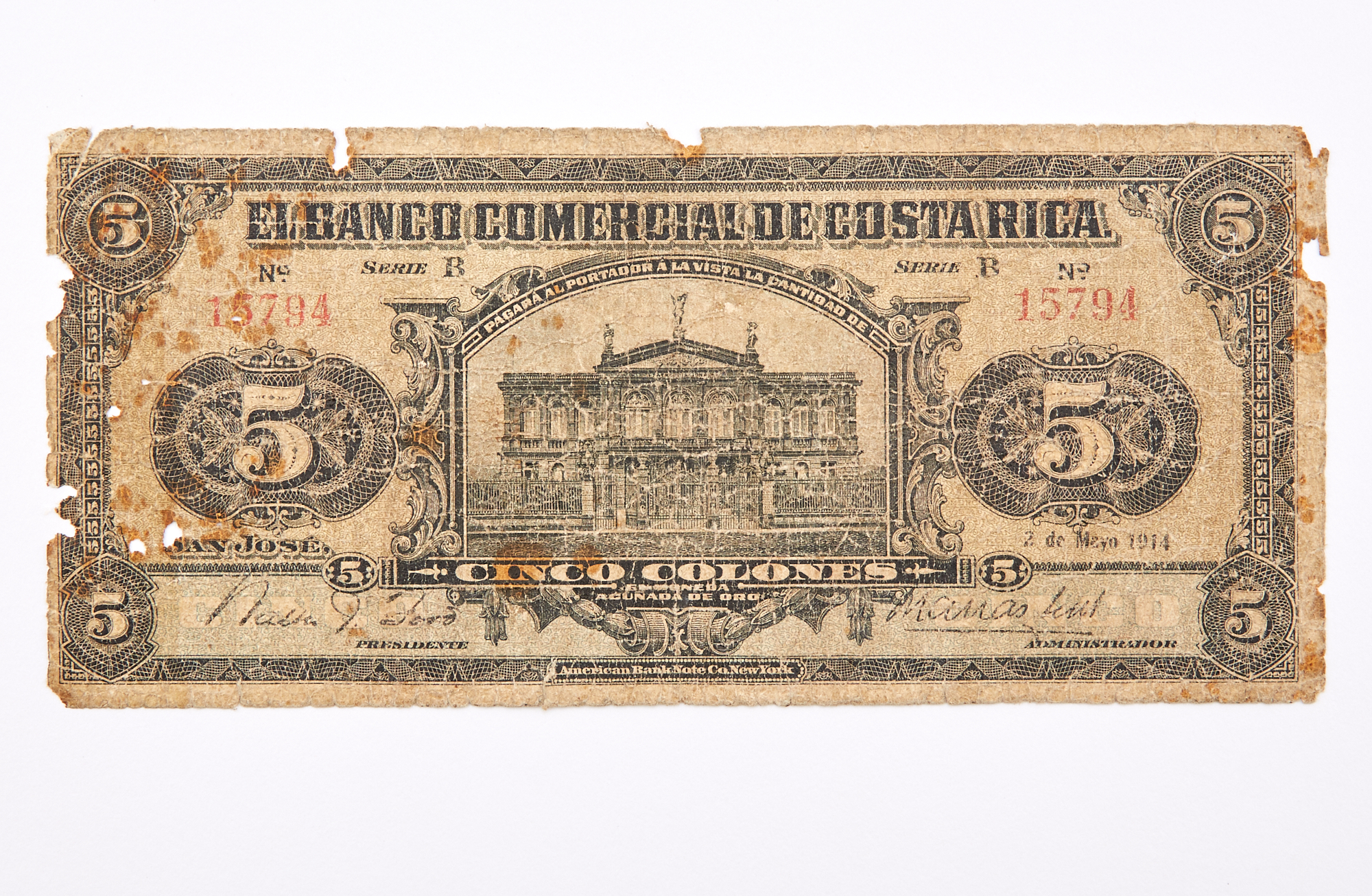 Lot image - Costa Rica, Banco Comercial de Costa Rica 1914 Cinco Colones Pick# S146