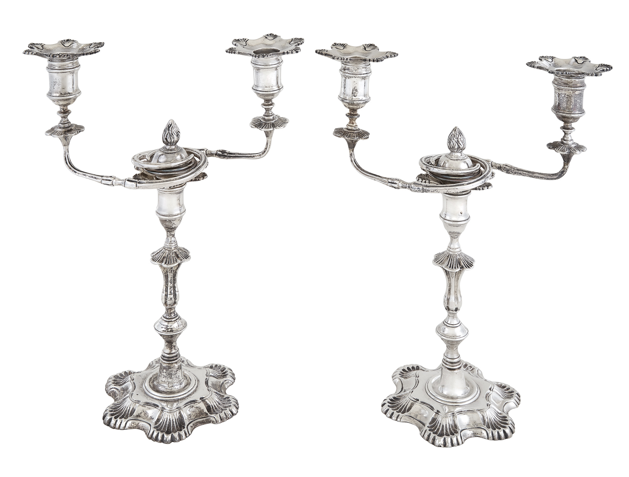 Lot image - Pair of English Sterling Silver Two-Light Candelabra