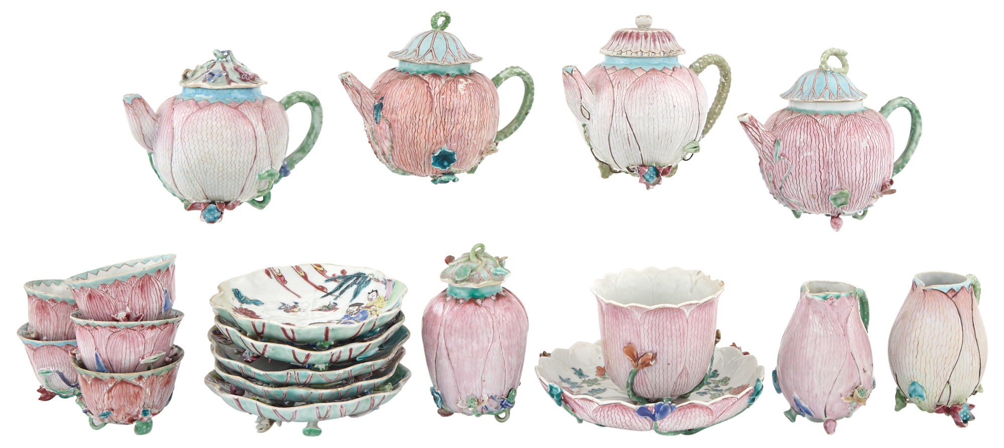 Lot image - Group of Chinese Export Porcelain Lotus Tea Wares