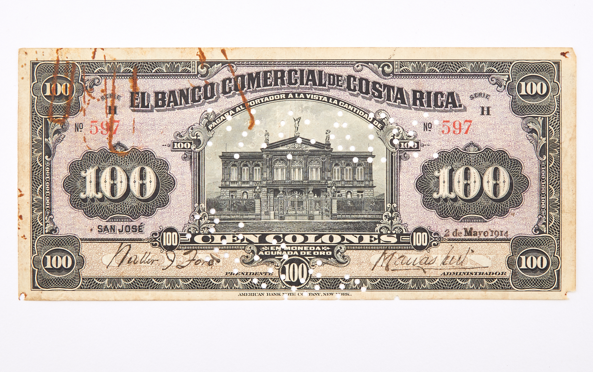 Lot image - Costa Rica, Banco Comercial de Costa Rica 1914 Cien Colones Cancelled Note Pick# S150