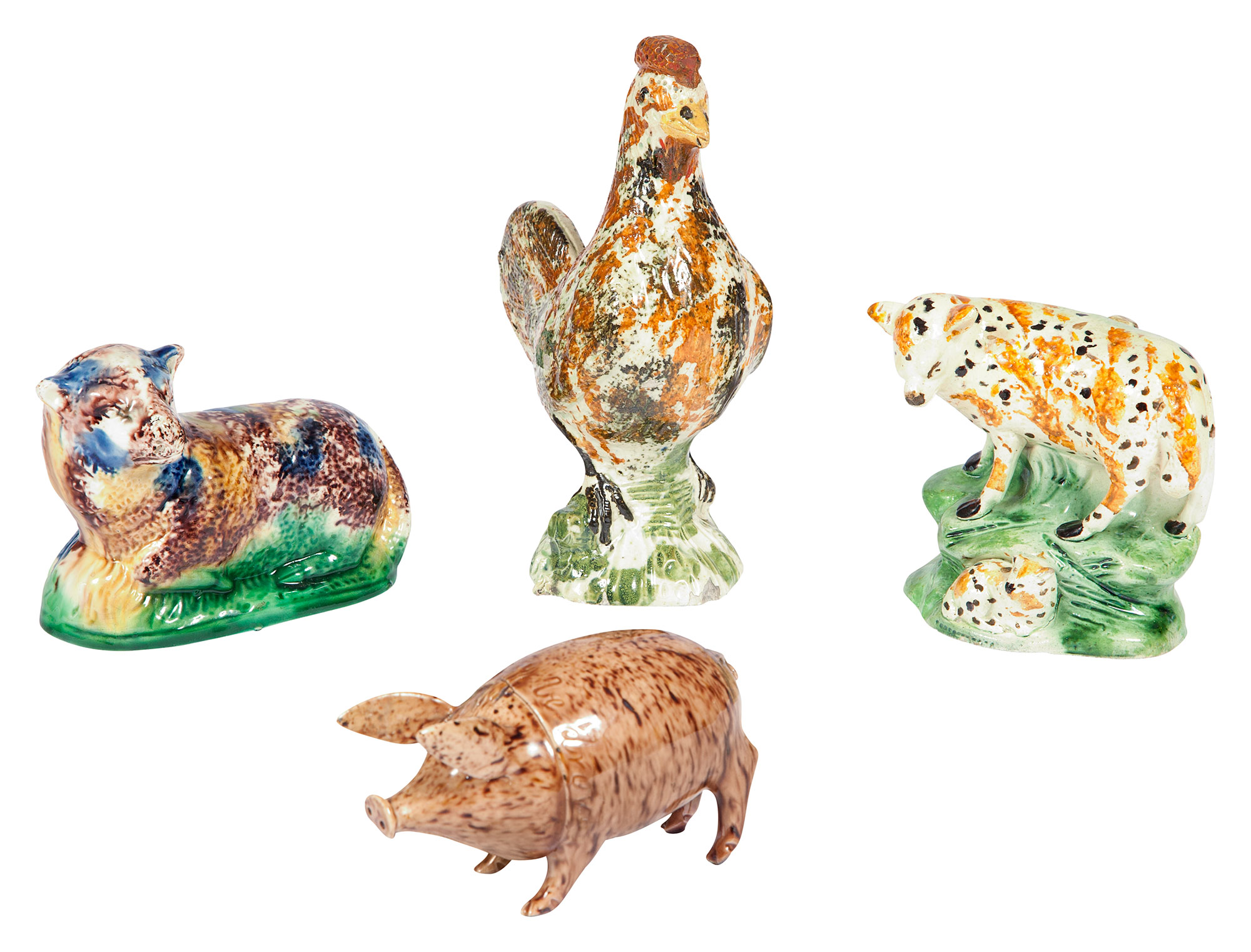 Lot image - Three Staffordshire Sponge Decorated Pottery Figures of Animals