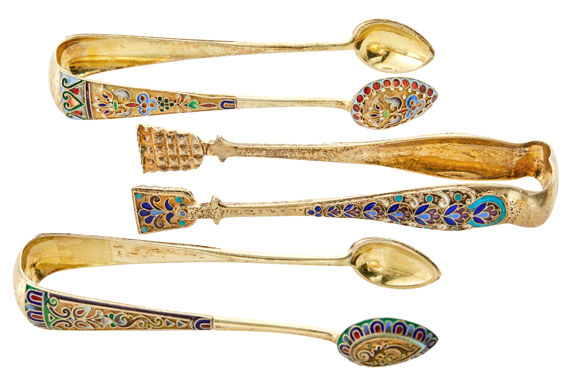 Lot image - Three Russian Silver-Gilt and Cloisonné Enamel Sugar Tongs
