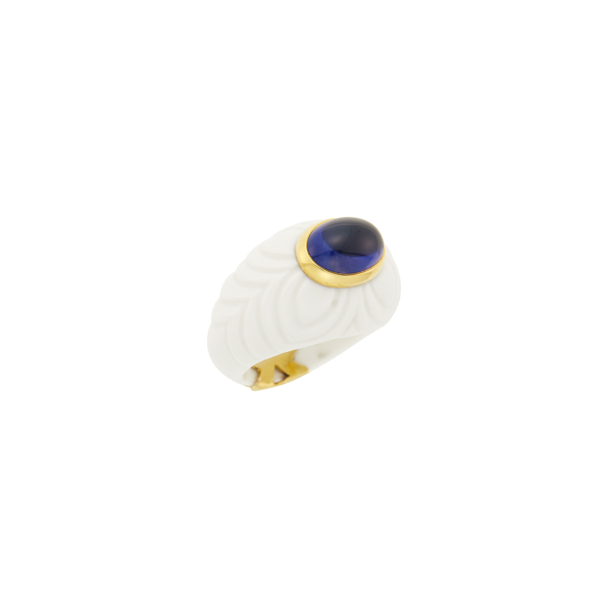 Lot image - Bulgari Fluted White Ceramic, Gold and Cabochon Iolite Chandra Ring