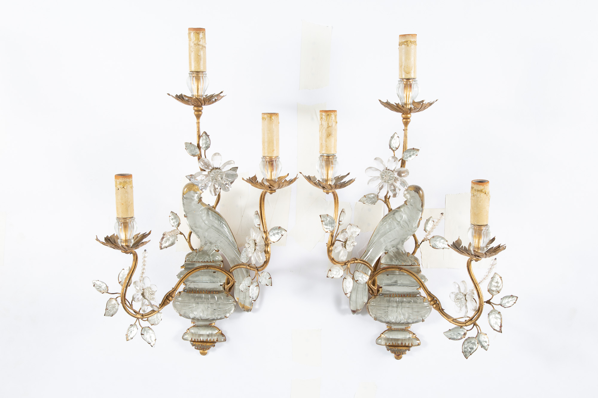 Lot image - Pair of Maison Baguès Style Gilt-Metal and Glass Three-Light Scones