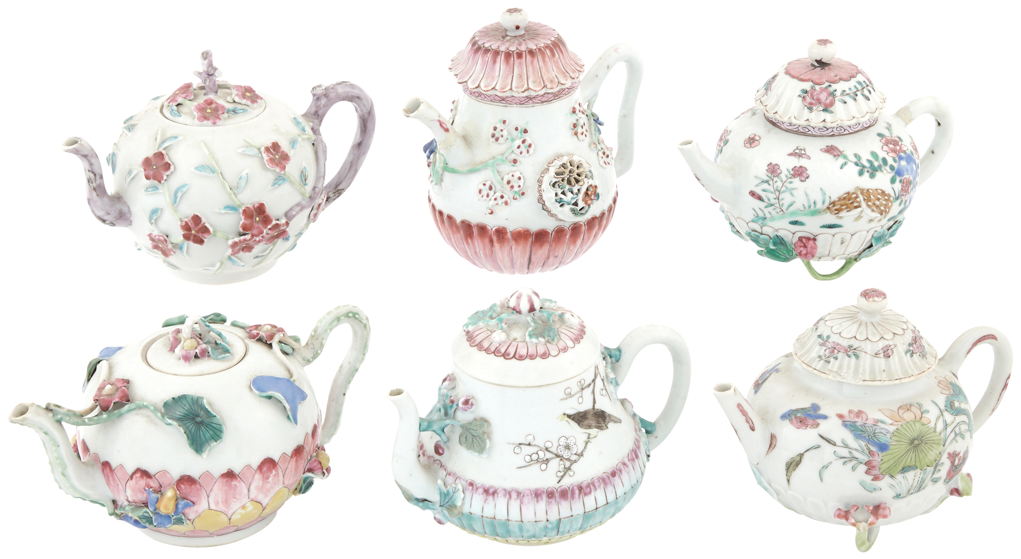 Lot image - Group of Six Chinese Export Porcelain Famille Rose Teapots