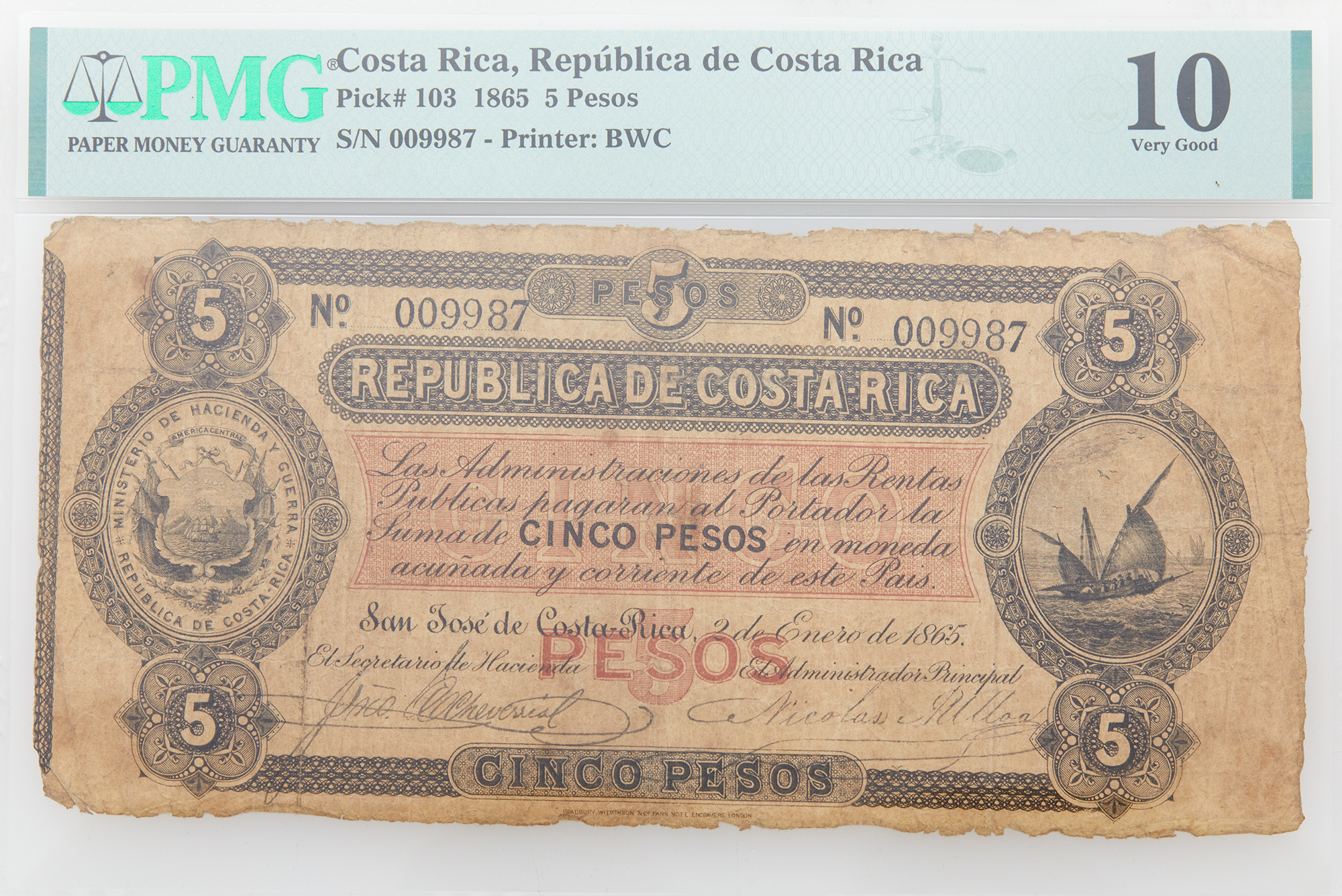 Lot image - Costa Rica, Republica de Costa Rica 1865 Cinco Pesos Pick#103 NGC 10