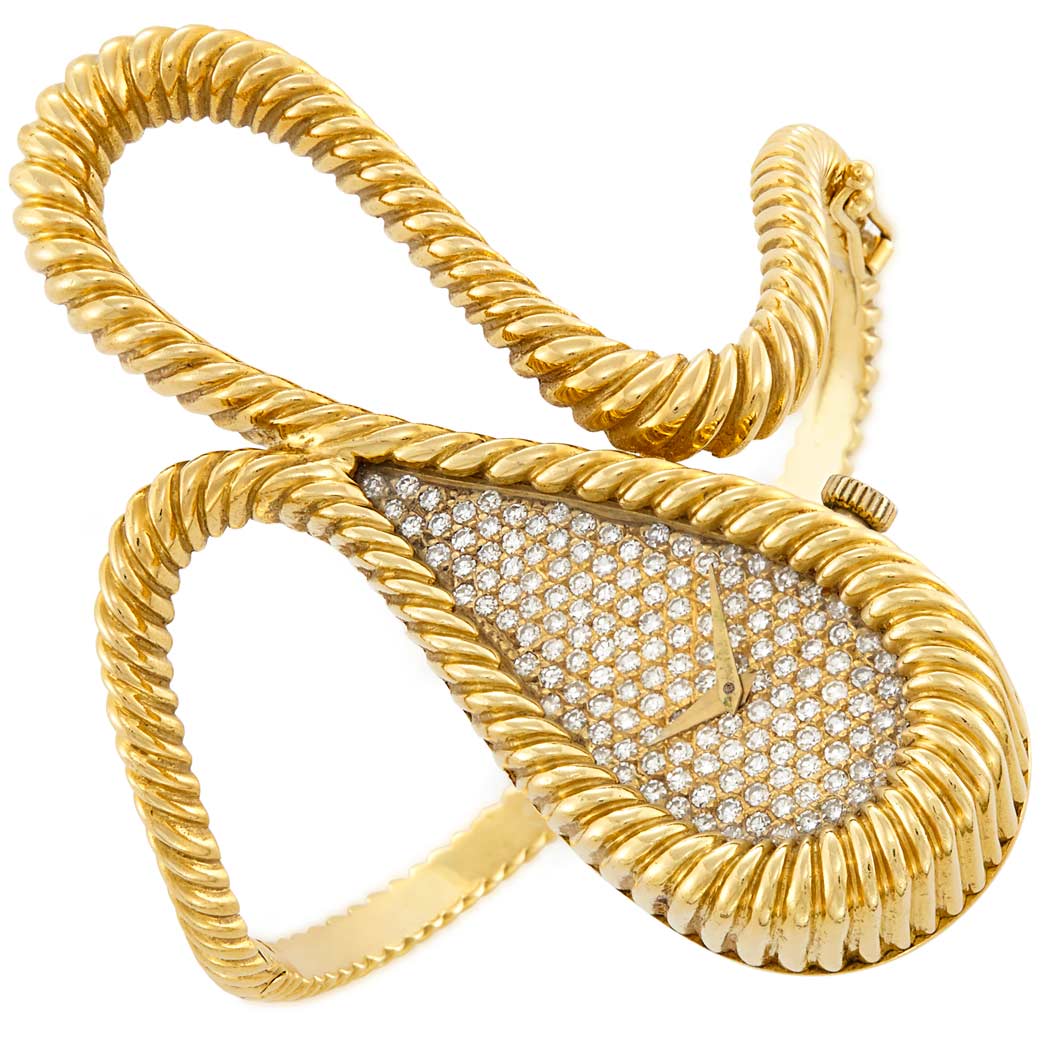 Lot image - Lady's Gold and Diamond Bangle-Watch, DeLaneau