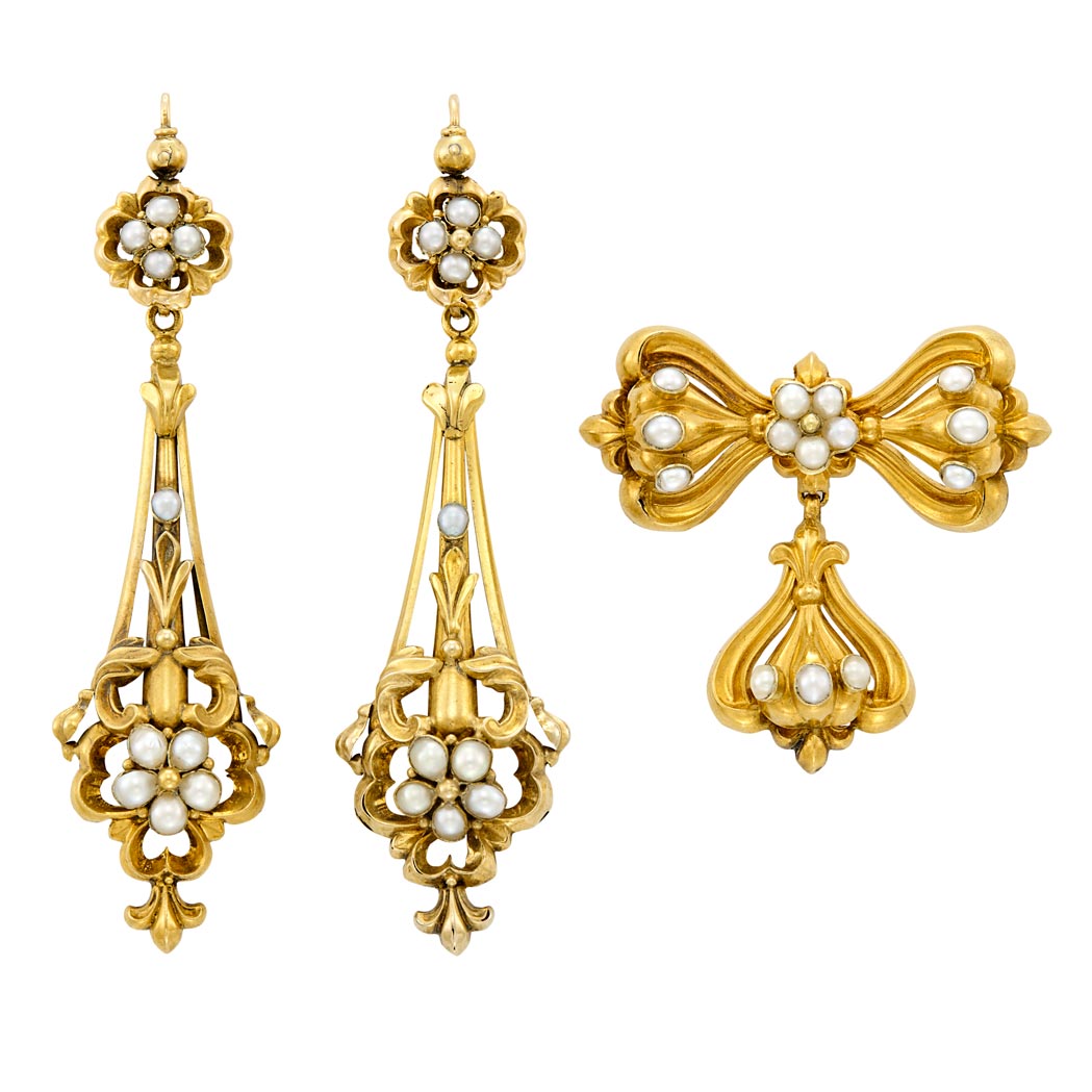 Lot image - Pair of Antique Gold and Split Pearl Pendant-Earrings and Brooch