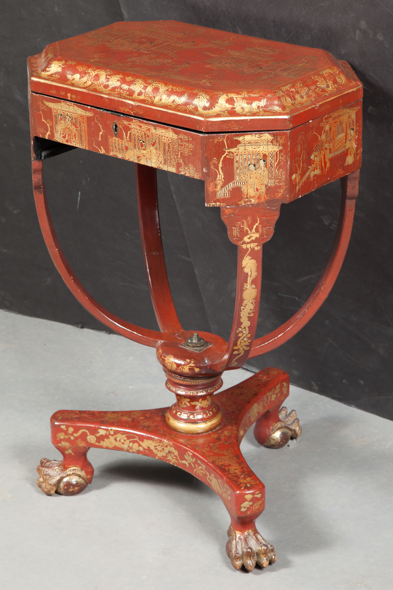 Lot image - Chinese Red and Black Lacquer and Parcel-Gilt Sewing Table