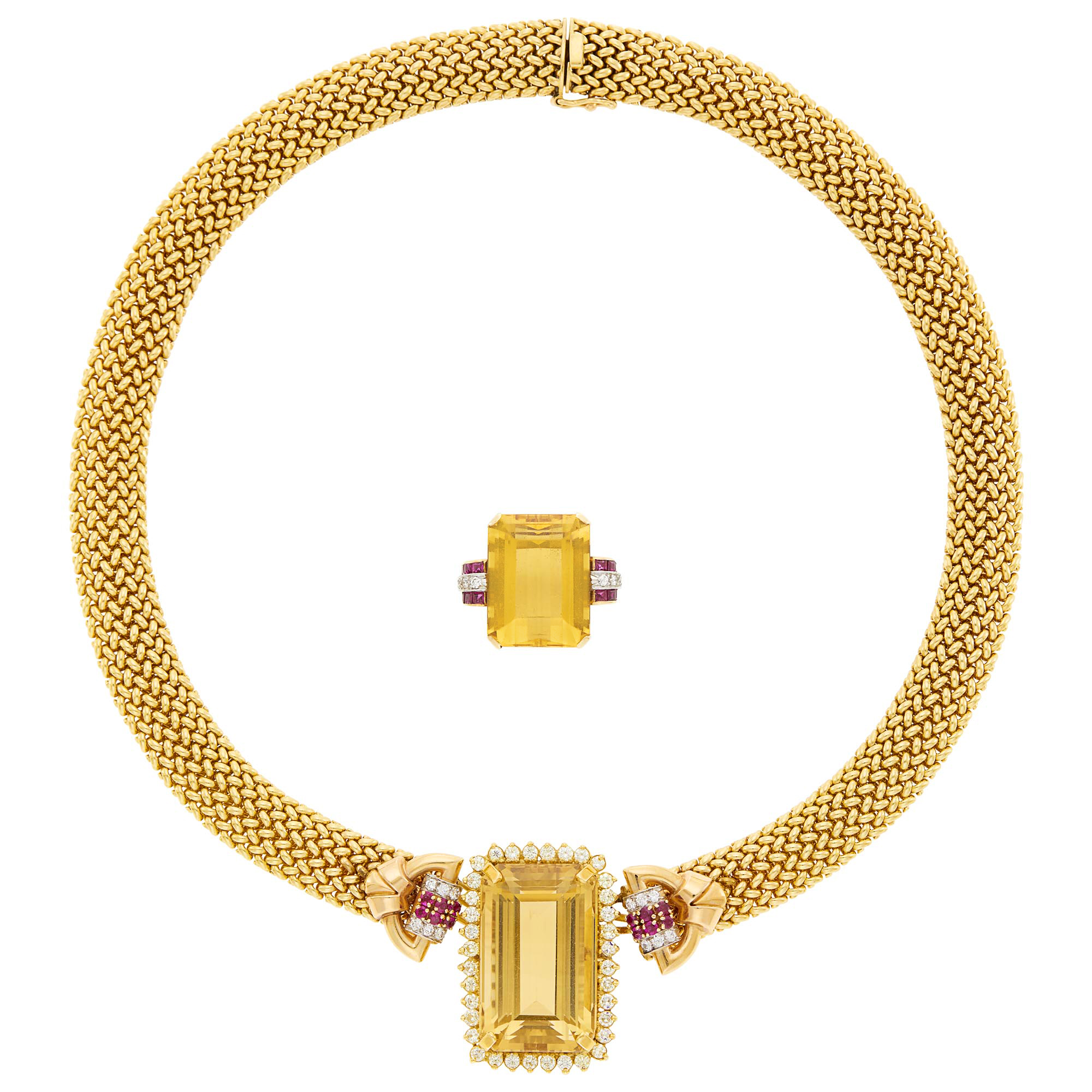 Lot image - Two-Color Gold, Citrine, Diamond and Ruby Mesh Necklace and Ring