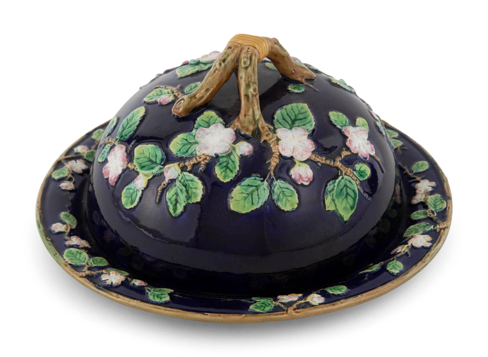 Lot image - George Jones Majolica Cobalt-Blue Ground Apple Blossom Cheese Dome and Stand