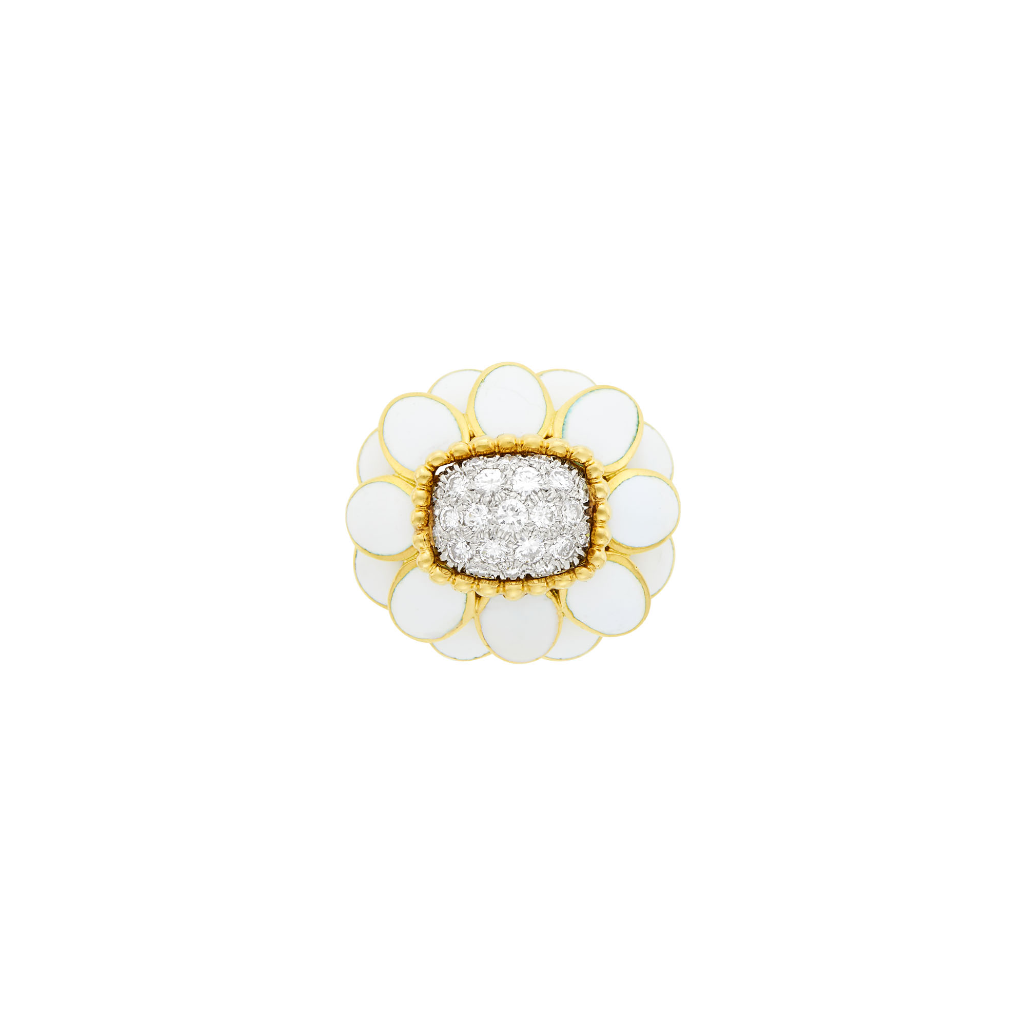 Lot image - David Webb Gold, Platinum, White Enamel and Diamond Flower Dome Ring