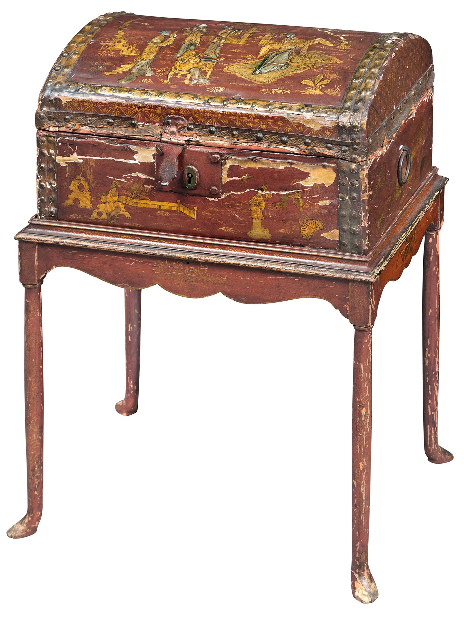 Lot image - George I Red-Japanned and Parcel-Gilt Coffer on Stand